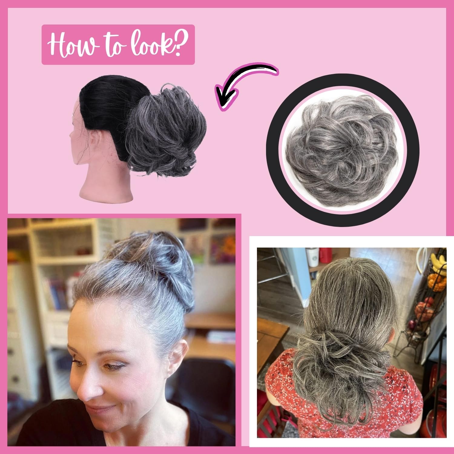 Juvabun Messy Bun Hair Piece - Salt & Pepper | Realistic Synthetic Hair Bun Scrunchie for Women & Men | Washable Everyday Wear Hair Accessory | Perfect for Work, Gym & Casual Outings