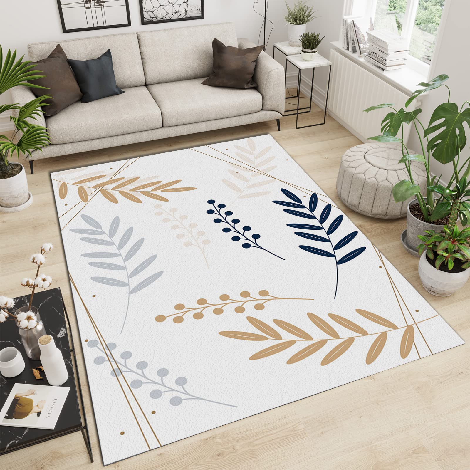 Modern Minimalist Leaf Design Area Rugs - Soft, Breathable & Non-Slip Large Rug (6x8ft) for Living Room, Bedroom, Dining Room - Perfect for Boho, Scandinavian & Contemporary Home Decor