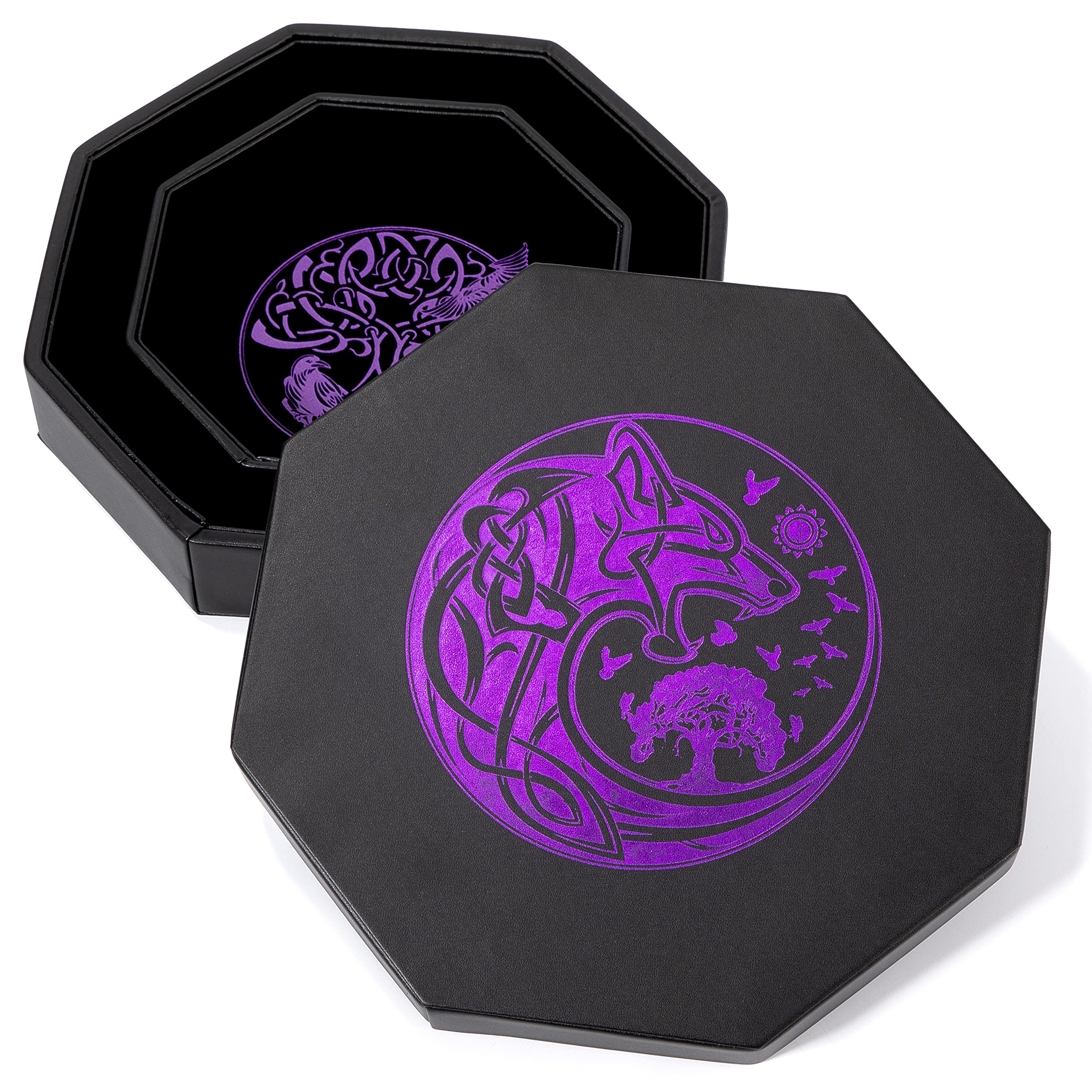 Premium 8 Inch DND Dice Tray for Dungeons & Dragons - Exquisite Purple World Tree & Wolf Raven Design - Dice Rolling Tray with Storage Box for RPG Tabletop Games - Perfect for D&D Sessions & Game Nights