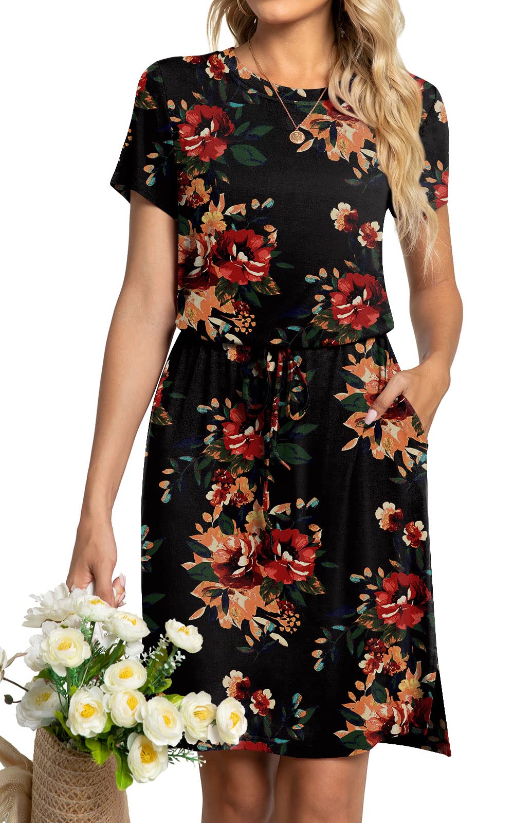 Anydool 2023 Women's Summer T-Shirt Dress - Casual Short Sleeve Hide Belly Dress with Pockets for Work, Travel & Everyday Wear