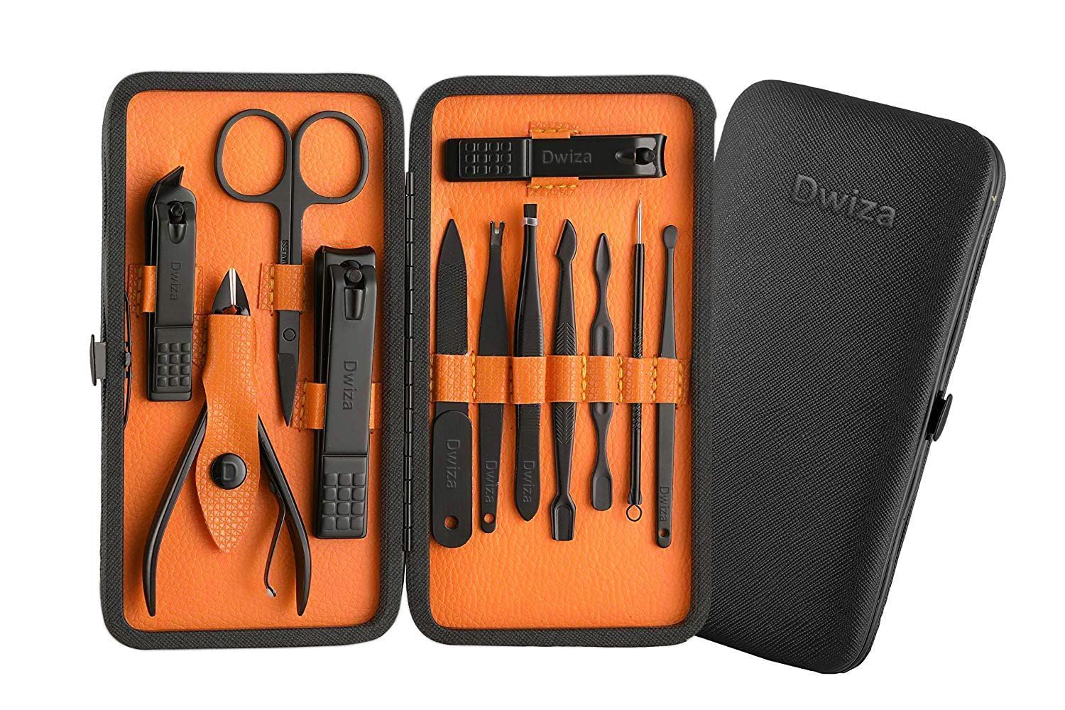 Dwiza Enterprise 12-in-1 Stainless Steel Manicure & Pedicure Kit - Professional Nail Clippers, Scissors, Acne Needle, Blackhead Remover, Cuticle Knife with Leather Travel Case - Perfect for Home, Salon & Travel Grooming