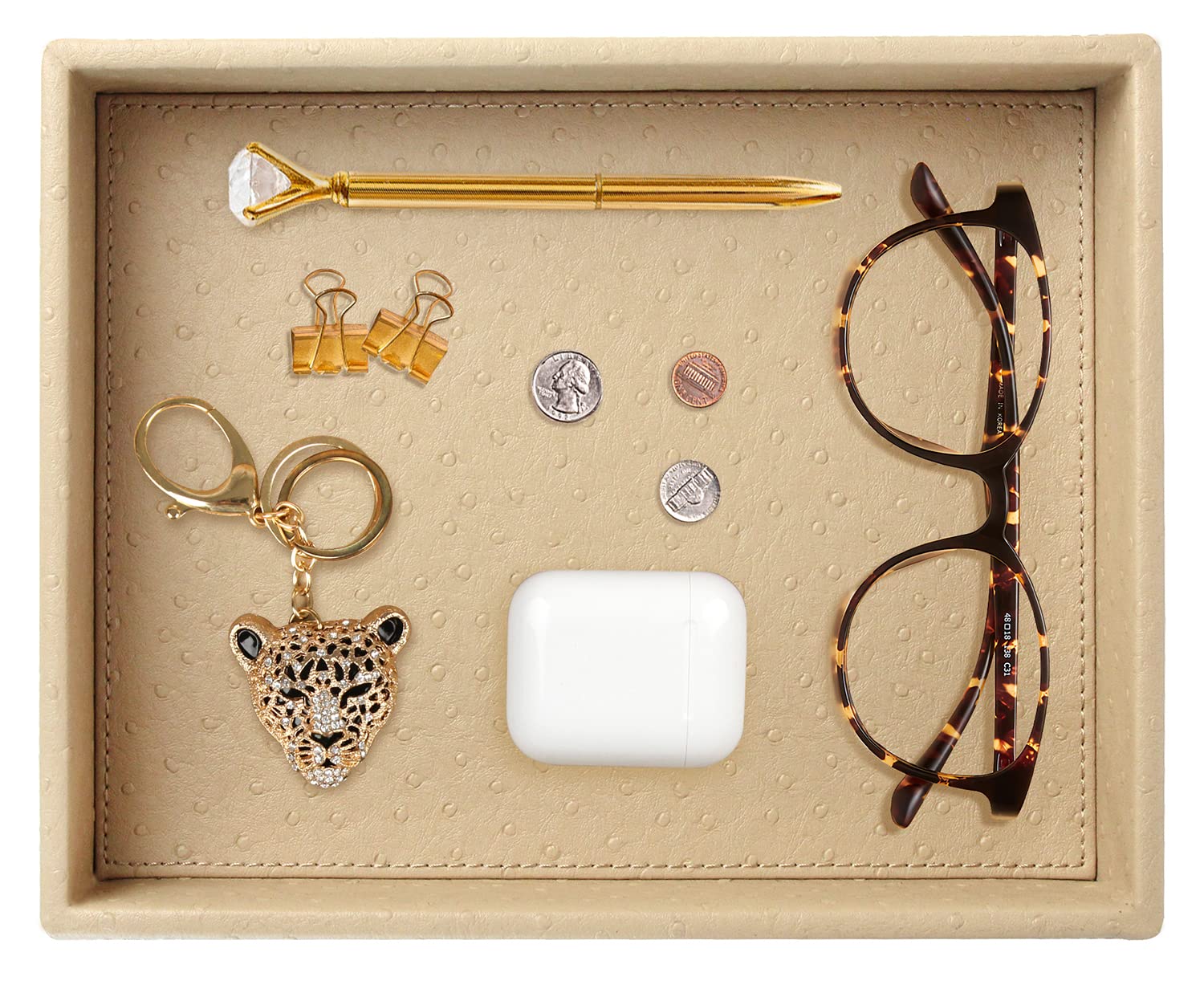 HofferRuffer Faux Leather Vanity Tray - Elegant Desktop Storage Organizer & Decorative Catchall Tray for Jewelry, Perfume, Keys - Perfect for Bathroom, Nightstand, Dresser (10.2 x 8.4 x 1.8 Inches, Beige) | Home Decor & Gift Idea