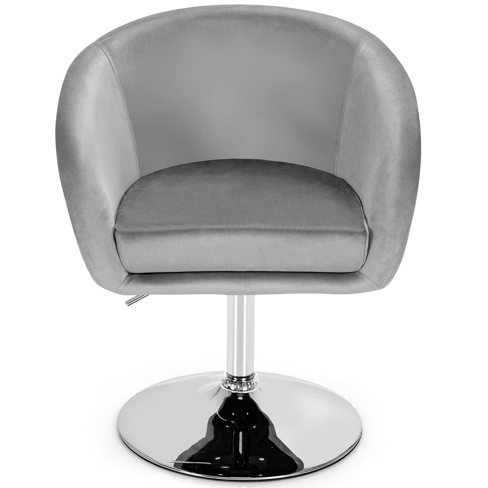 COSTWAY Adjustable Height Velvet Makeup Vanity Chair with Chrome Frame - Modern Round-Back Swivel Accent Chair for Bedroom, Living Room & Dressing Area - Soft Grey Upholstered Leisure Stool (Perfect for Makeup, Reading & Relaxing)