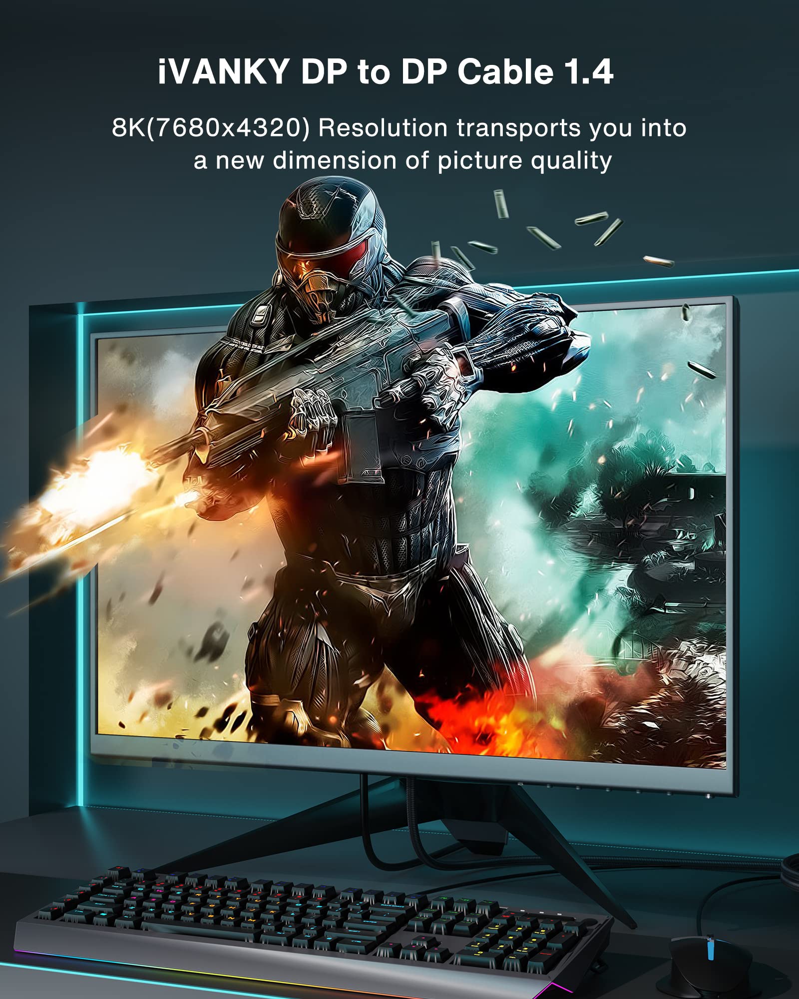 IVANKY DisplayPort Cable 1.4 - 8K DP to DP Cable [8K@60Hz, 4K@144Hz, 1080P@240Hz] with HBR3, 32.4Gbps, HDCP 2.2 & HDR - High-Speed Gaming Monitor Cable for PC, Laptop, TV - 6.6ft Grey - Perfect for 8K Gaming, 4K Video Editing & Home Theater Setup