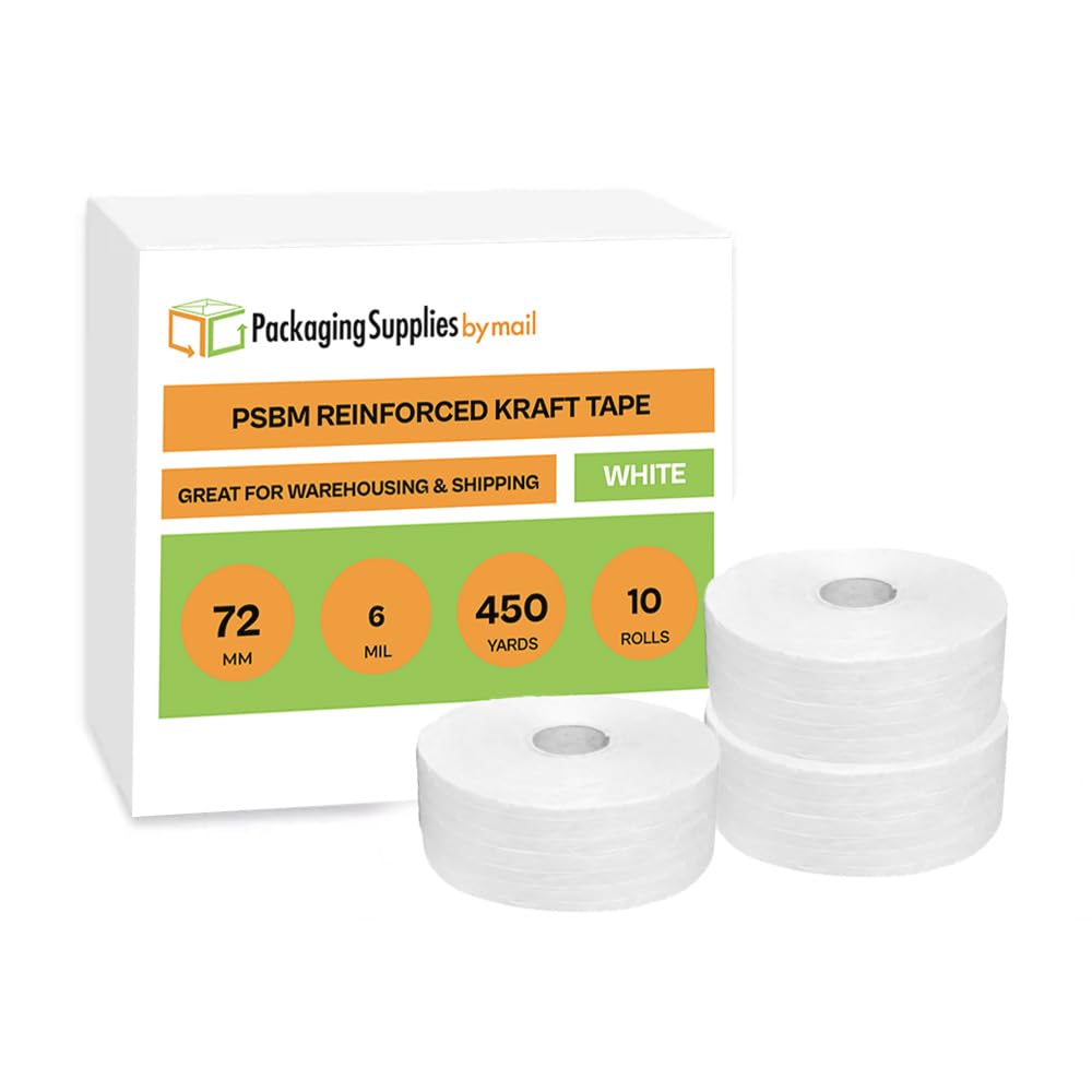 Gummed Packing Tape - Water Activated Adhesive Tape Roll, 72mm x 150 Yards, White (10 Pack) - Perfect for Shipping Boxes, Moving & Secure Packaging