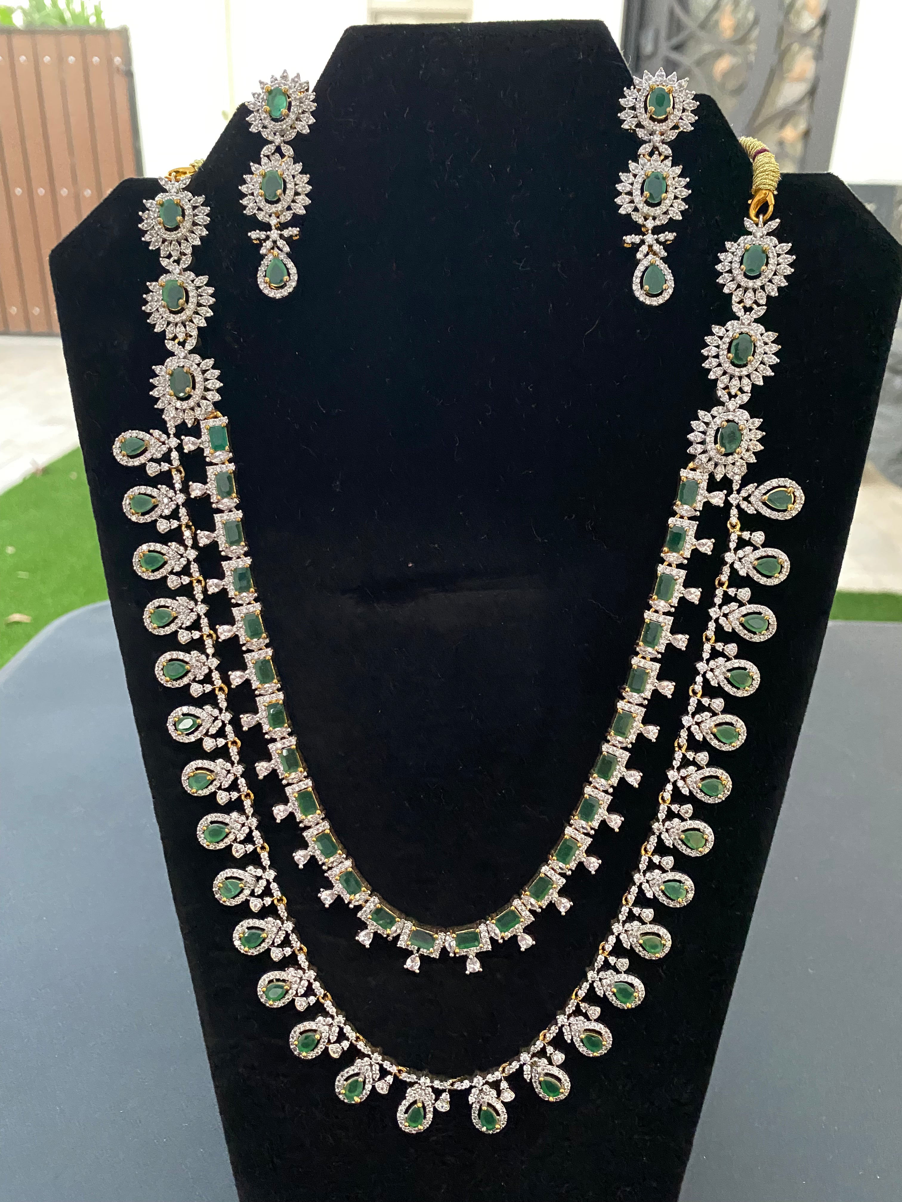 Elegant Green Stone Two-Layer Cubic Zirconia Necklace and Earrings Set for Women - Perfect for Parties, Weddings & Special Occasions