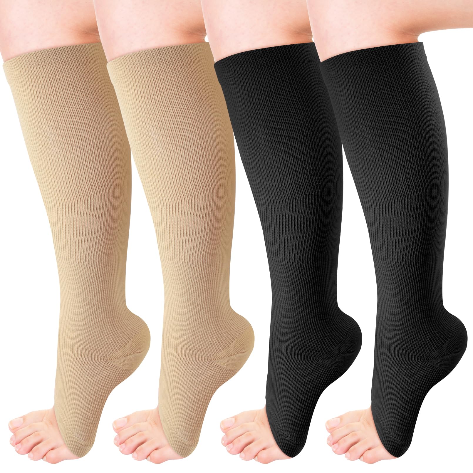 4 Pairs Open Toe Compression Socks 15-20 mmHg - Breathable Knee-High Stockings for Women & Men - Doctor-Recommended Circulation Support for Travel, Running & Varicose Vein Relief