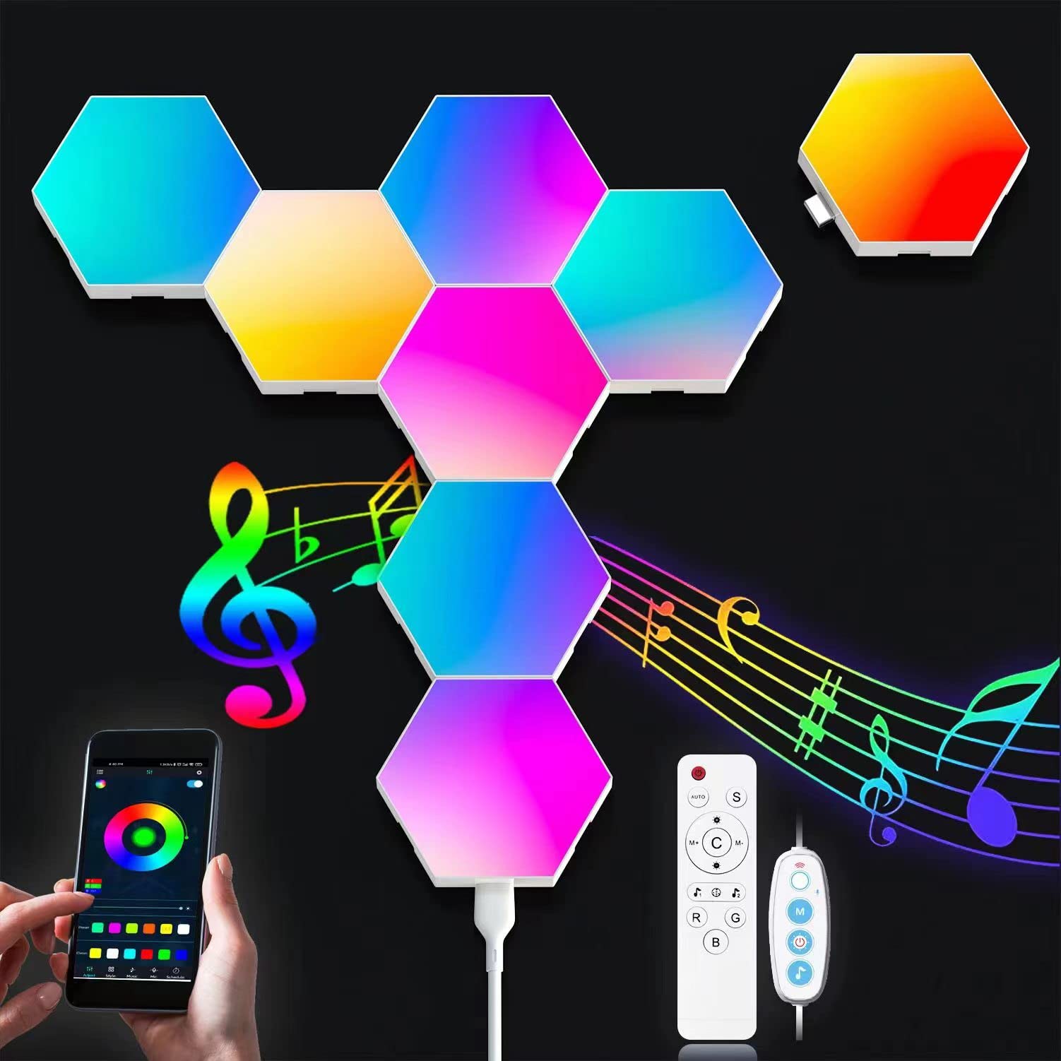 Hexagon LED Gaming Wall Lights - 8 Pack Smart RGB Hexagon Panels with APP & Remote Control, DIY Modular Lighting for Bedroom, Game Room & Home Decor