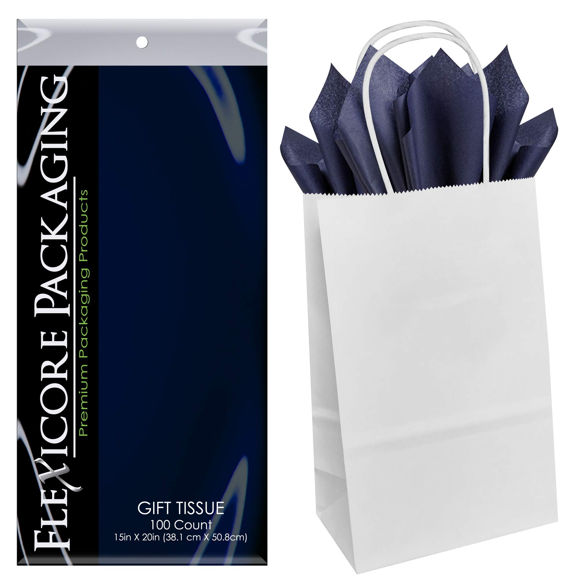 Premium White Kraft Paper Gift Bags with Navy Blue Tissue Paper - 5.25