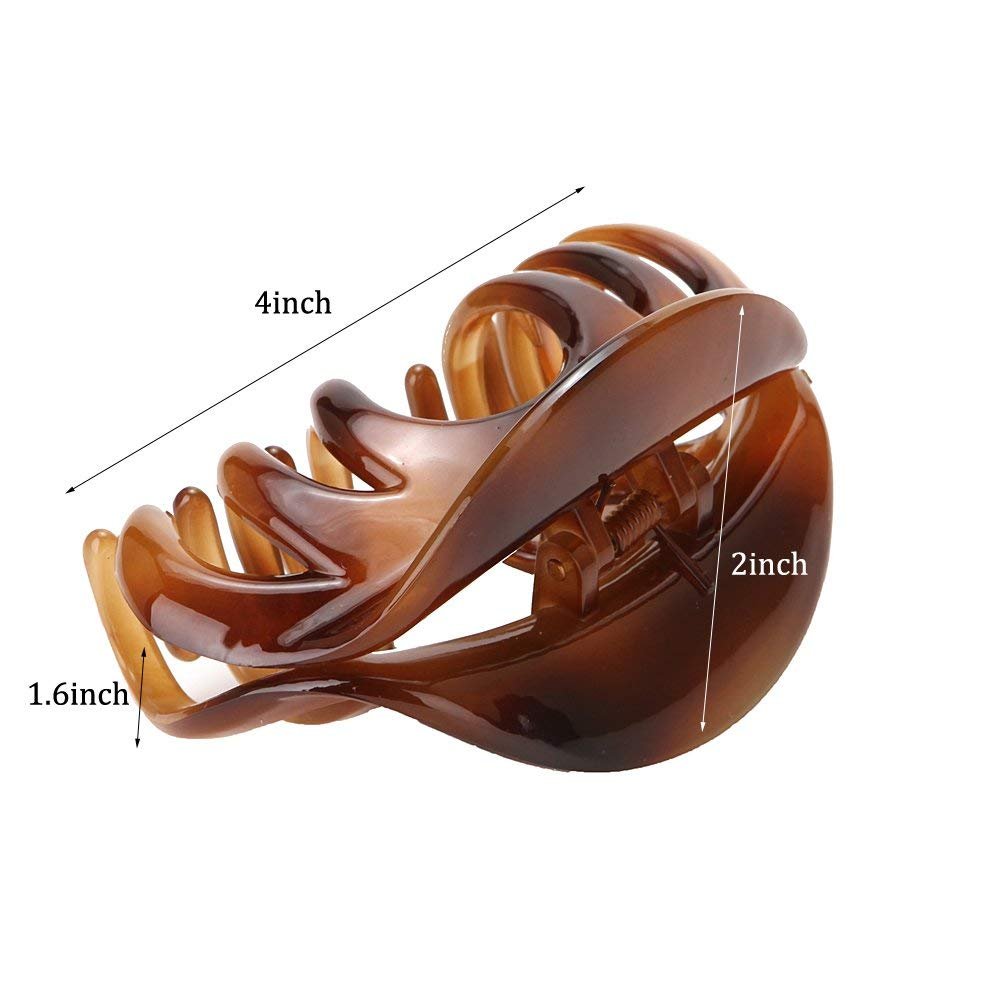 Non-Slip Grip Large Crystal Plastic Octopus Jaw Hair Clips - Banana Claw Clips for Women (12 Teeth, Black & Brown) - Perfect for Updos, Ponytails & Everyday Hairstyles