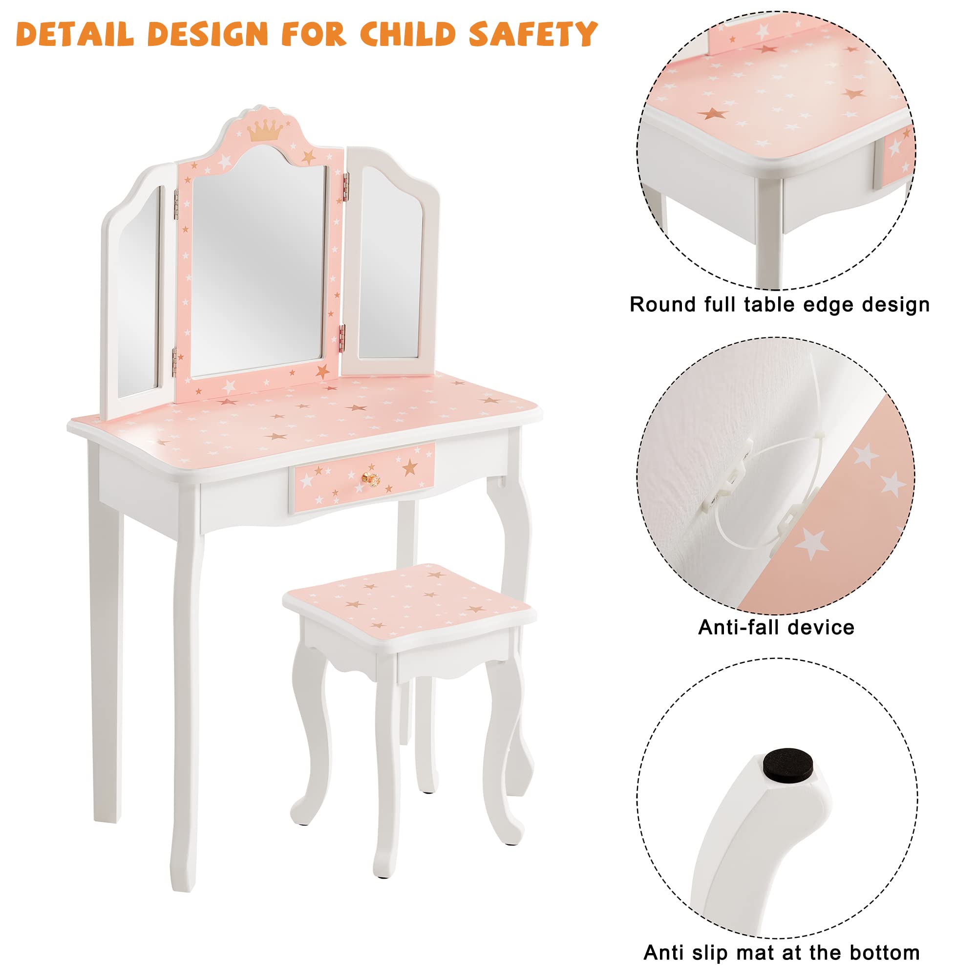 Kids Vanity Table and Chair Set - Girls Princess Makeup Dressing Table with Tri-Folding Mirror, Stool & Drawer | Perfect for Birthday Gifts, Bedroom Decor & Pretend Play (Ages 3-8)