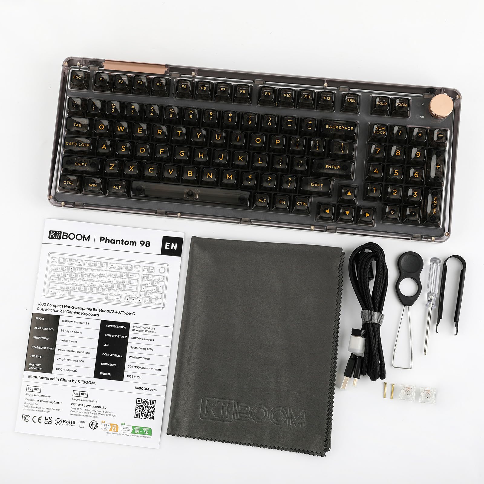 KiiBoom Phantom 98 Hot Swappable Crystal Gasket-Mounted Mechanical Keyboard - Triple Mode Wireless (2.4G/Bluetooth/USB) NKRO Gaming Keyboard with South-Facing RGB Backlit, Clear Keycaps, 8000mAh Battery for Windows/Mac - Perfect for Gaming, Typing & Office Work (Black)