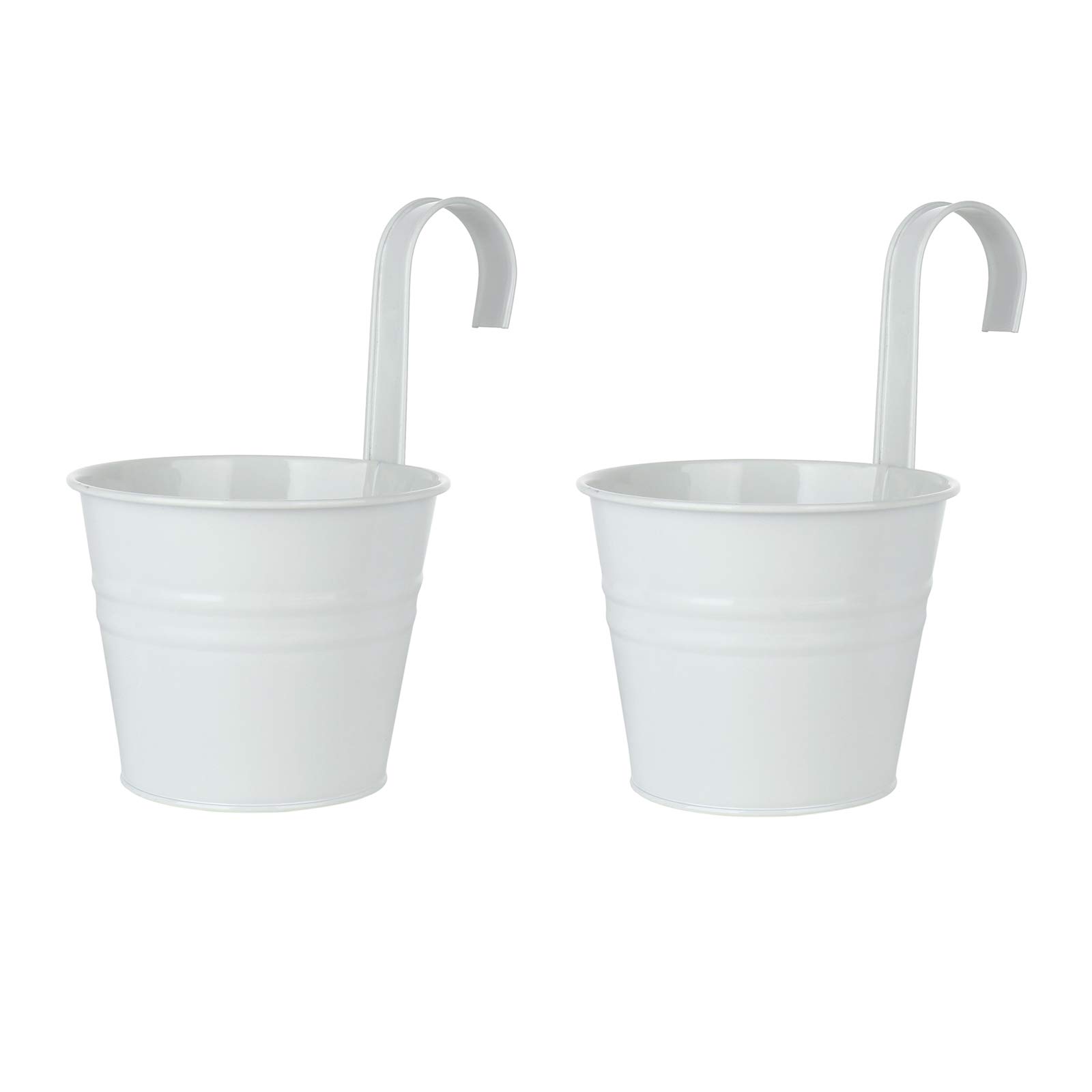 EESLL 5-Pack Metal Hanging Flower Pots with Detachable Hooks - White Iron Bucket Planters with Drainage for Succulents, Outdoor Rail Fence & Balcony Garden Decor - Perfect for Small Space Gardening and Vertical Plant Displays