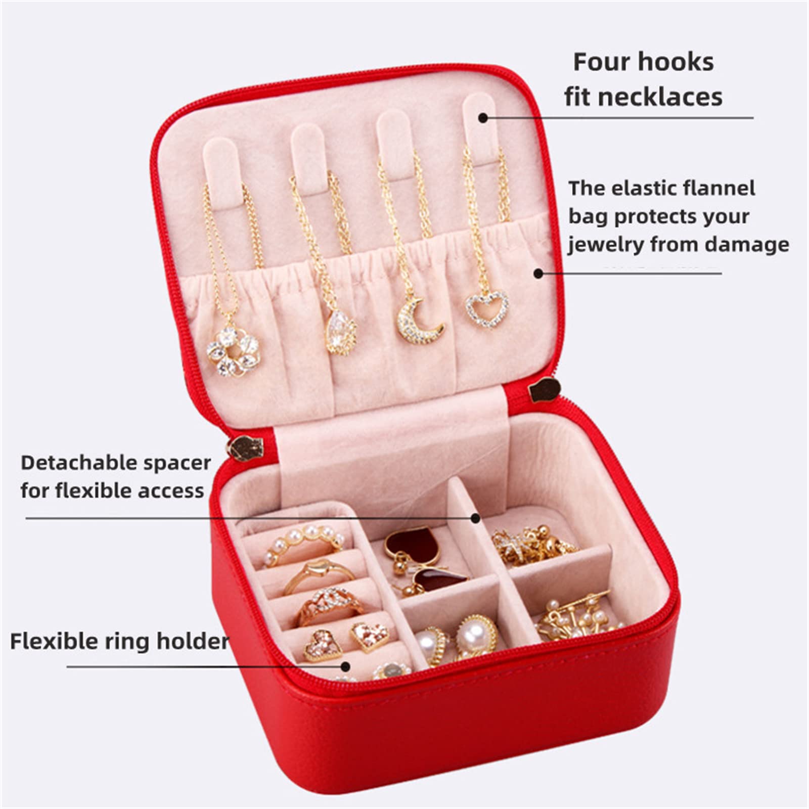 Portable Leather Jewelry Organizer Box for Women - Mini Travel Jewelry Case with Earring & Ring Storage - Perfect Gift for Travel, Home & Office Use (Red)