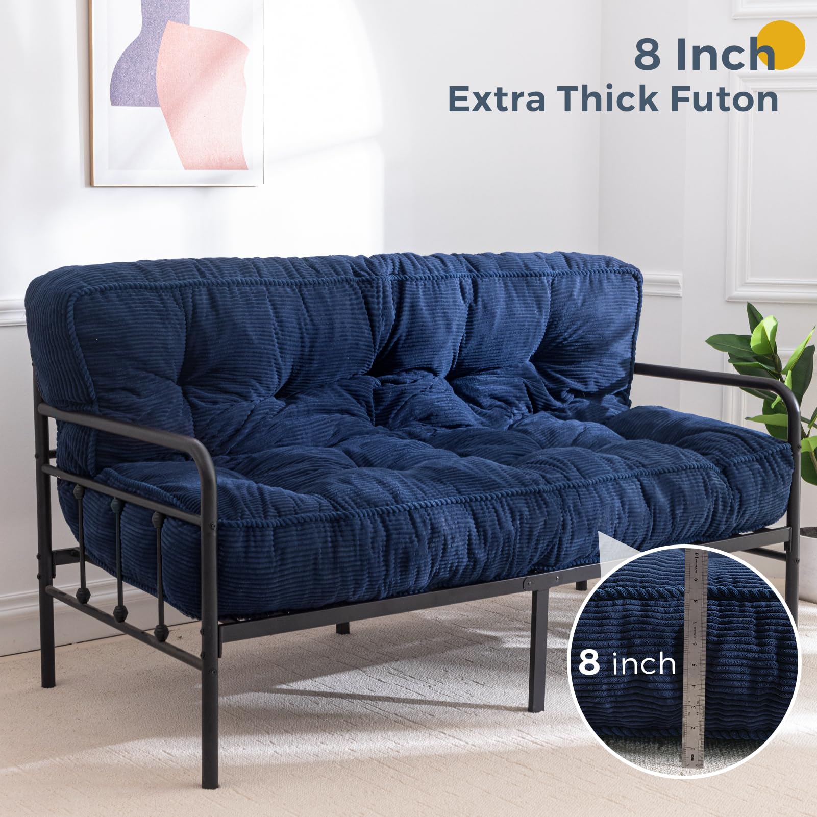 MAXYOYO 8-Inch Tufted Futon Sofa Bed with Thick Corduroy Fabric - Convertible Floor Mattress for Adults (Navy Blue) - Perfect for Small Spaces, Guest Rooms & Dorm Rooms