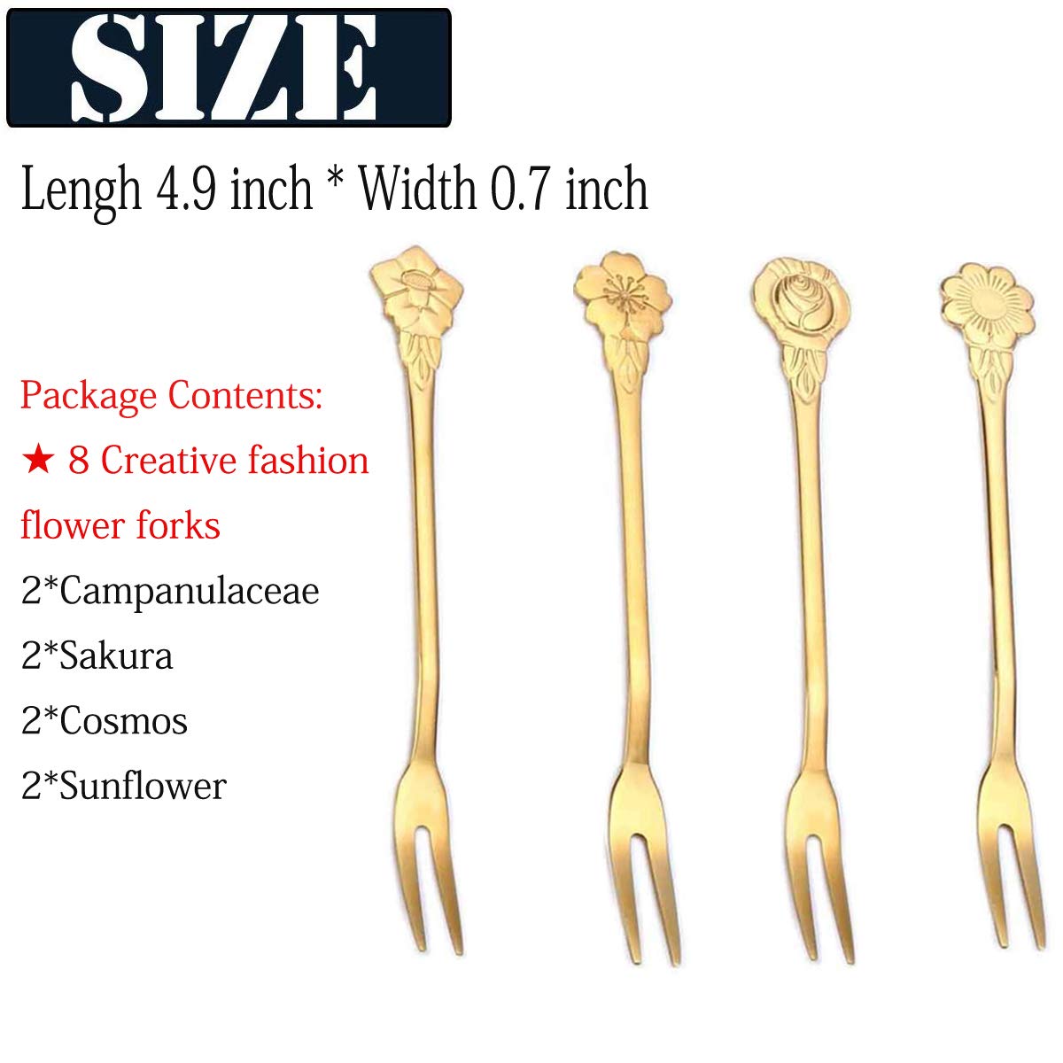 8-Piece 4.9 Inch Gold Stainless Steel Floral Fruit Forks - Small Pickle Forks, Dessert Cake Forks, Salad Bistro & Cocktail Forks - 2-Prong Appetizer Forks for Banquet, Party, Seafood & Cocktail (Perfect for Wedding Receptions, Tea Parties & Charcuterie Boards)