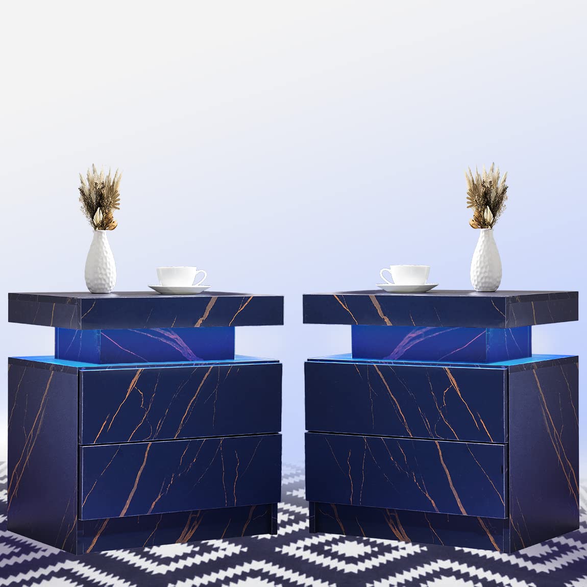 i-aplus Nightstand Set of 2 - Modern LED Bedside Tables with 2 Drawers, Wooden Bedroom Furniture with Touch Control Lights - Perfect for Small Spaces, Apartments & Guest Rooms