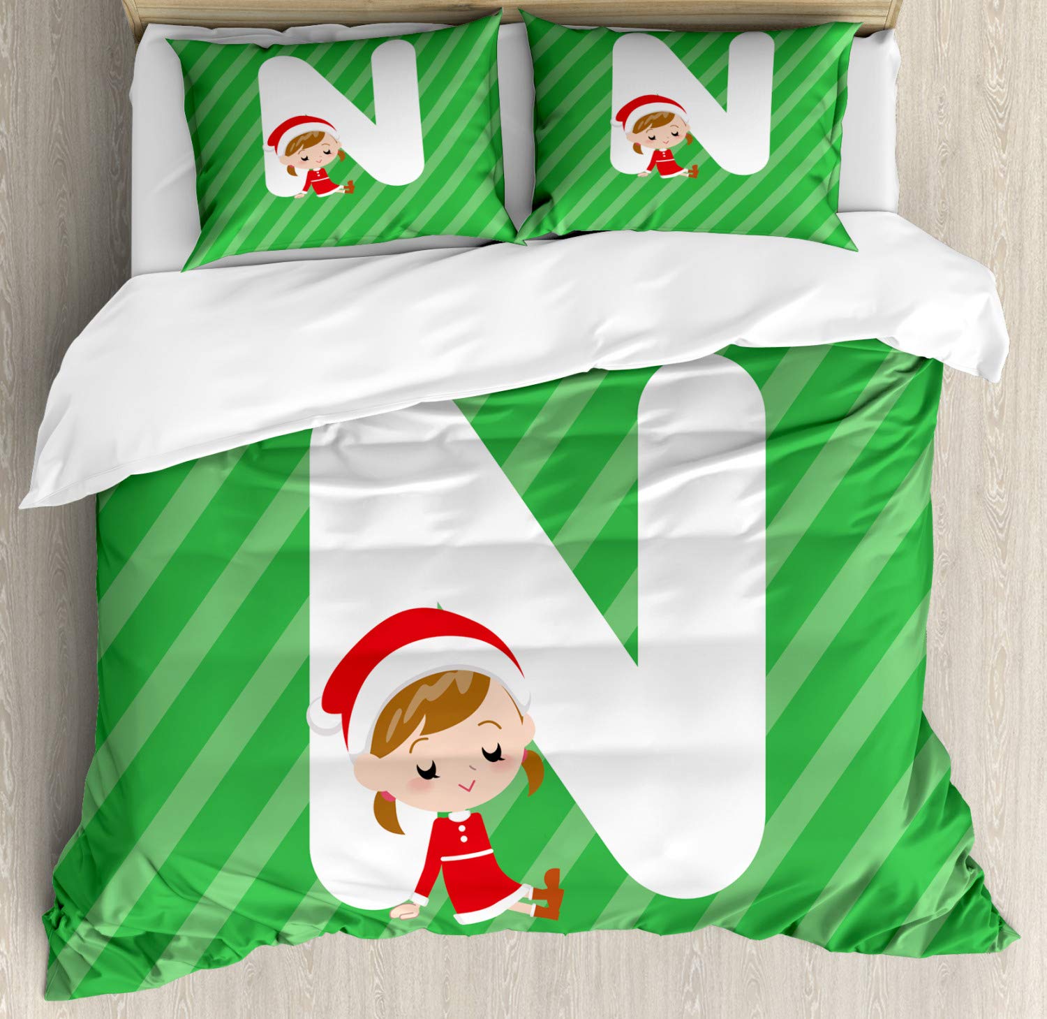 Ambesonne Christmas Alphabet Duvet Cover Set - Letter N Design with Girl Sitting, 3-Piece Queen Size Bedding Set (Duvet Cover + 2 Pillow Shams) in Green Dark Coral & White - Perfect for Holiday Decor, Festive Bedroom Makeover & Cozy Winter Nights