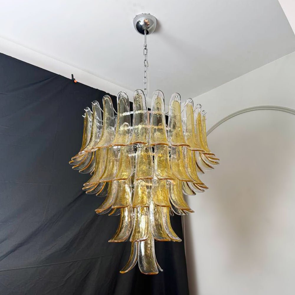 Exquisite Amber Murano Glass Petals Chandelier - Handcrafted Italian Lighting Fixture for Dining Room, Bedroom & Living Room Decor