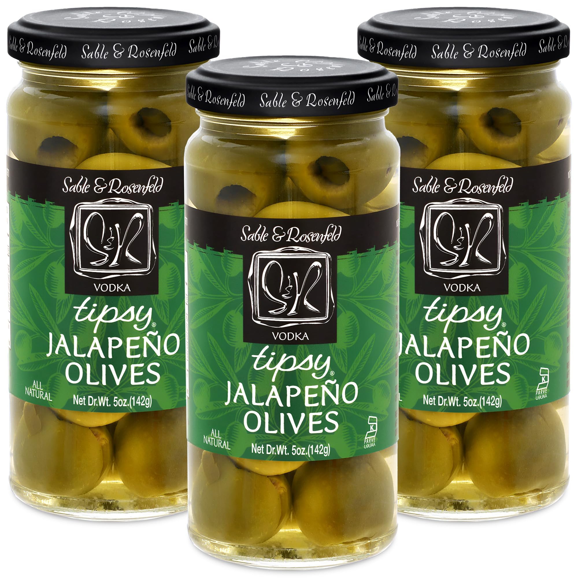 Premium Tipsy Olives - Large Green Olives Stuffed with Jalapeño in Vodka - Perfect for Cocktail Garnish, Bloody Mary, Martini & Charcuterie Boards - Kosher Certified by Sable & Rosenfeld - 5 Oz (Pack of 3) - Great for Parties, Home Bars & Gourmet Gifts