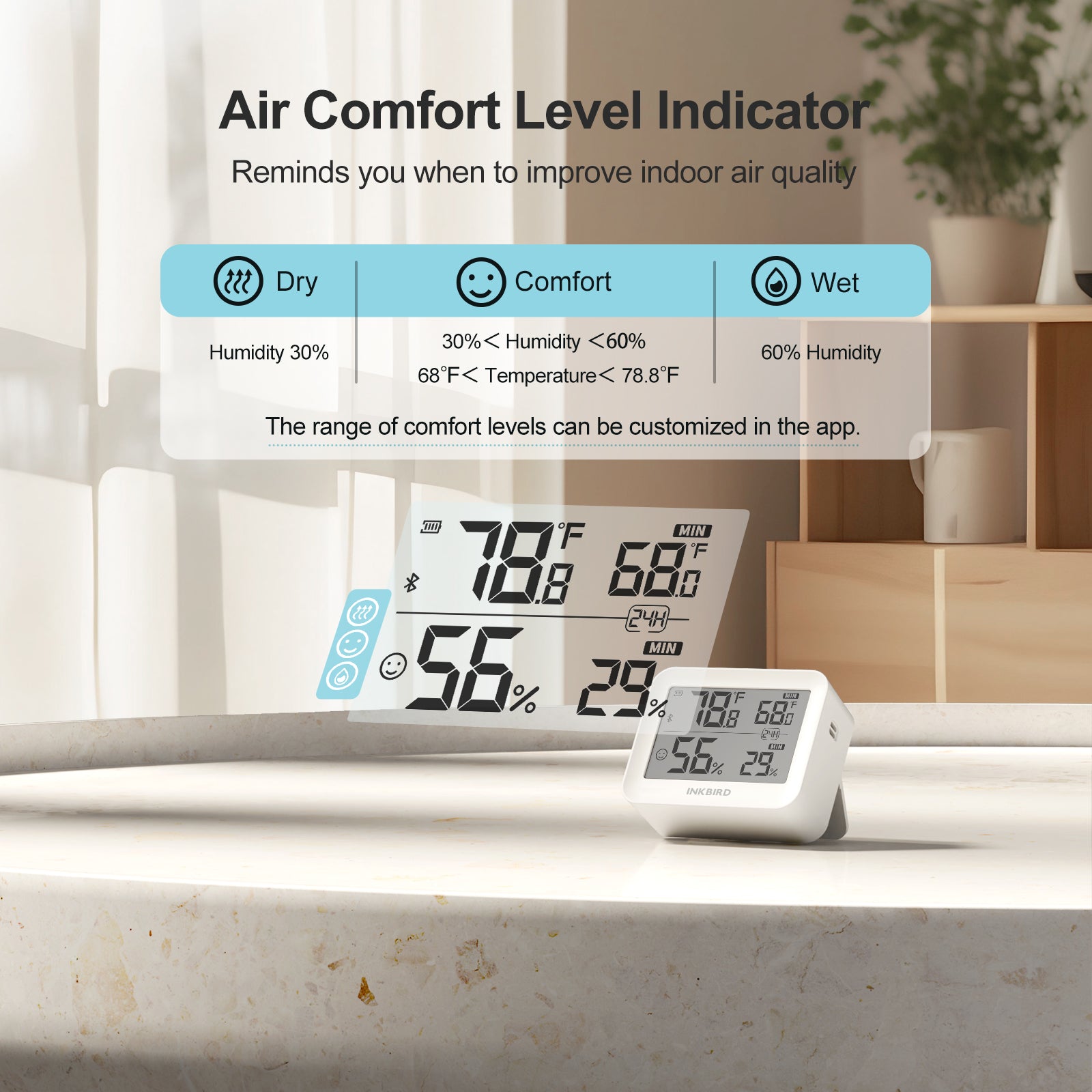 Wireless Bluetooth Hygrometer Thermometer ITH 13B - Digital Indoor Outdoor Temperature Humidity Monitor for Home, Greenhouse, Baby Room & Wine Cellar