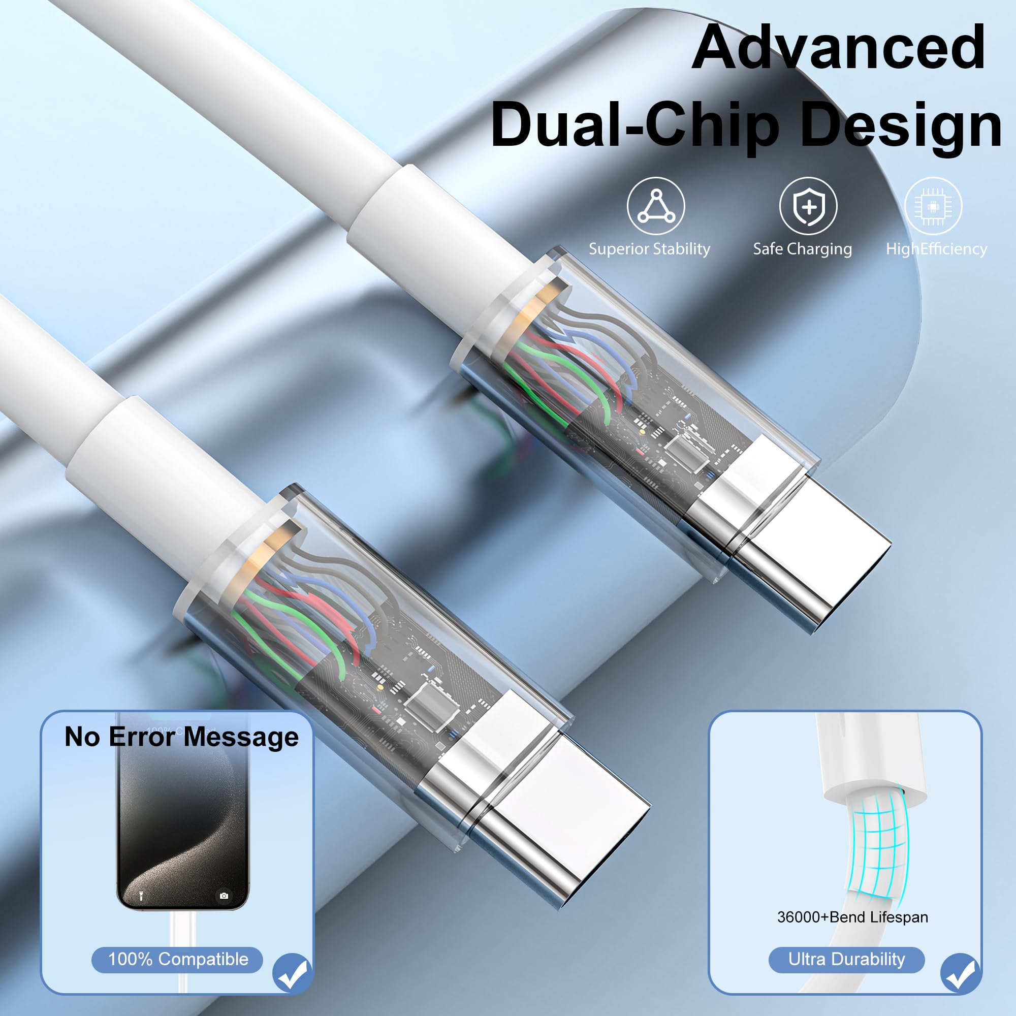 5-Pack 60W USB C to USB C Fast Charging Cable (2M/6.6ft) - Compatible with iPhone 16/15 Series, iPad Pro/Air/Mini, MacBook Air/Pro, Samsung Galaxy & Google Pixel - Perfect for Home, Office & Travel Charging