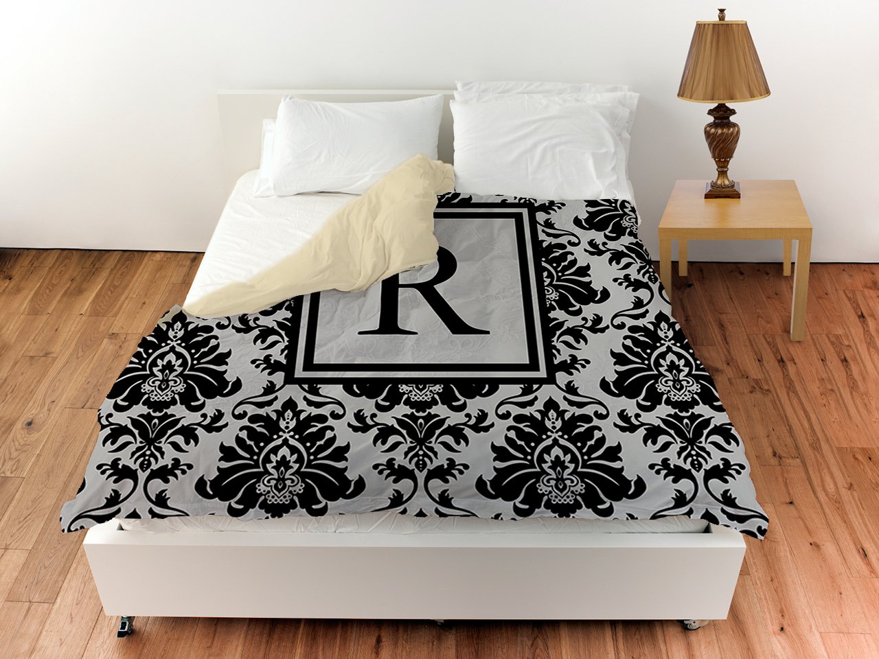 Monogrammed Letter R Black & Grey Damask Duvet Cover - Queen/Full Size by Manual Woodworkers & Weavers | Luxury Bedding for Master Bedroom or Guest Room