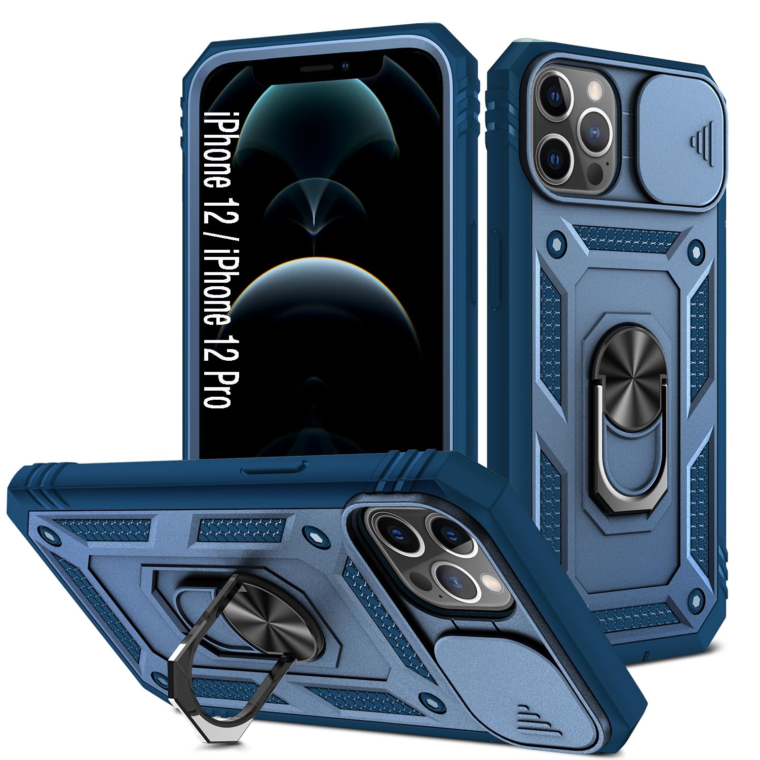 Shockproof iPhone 12/12 Pro Case (6.1 inch) - Impact Resistant Protective Cover with Slide Lens Cover - Blue | Perfect for Outdoor Activities, Travel & Daily Protection