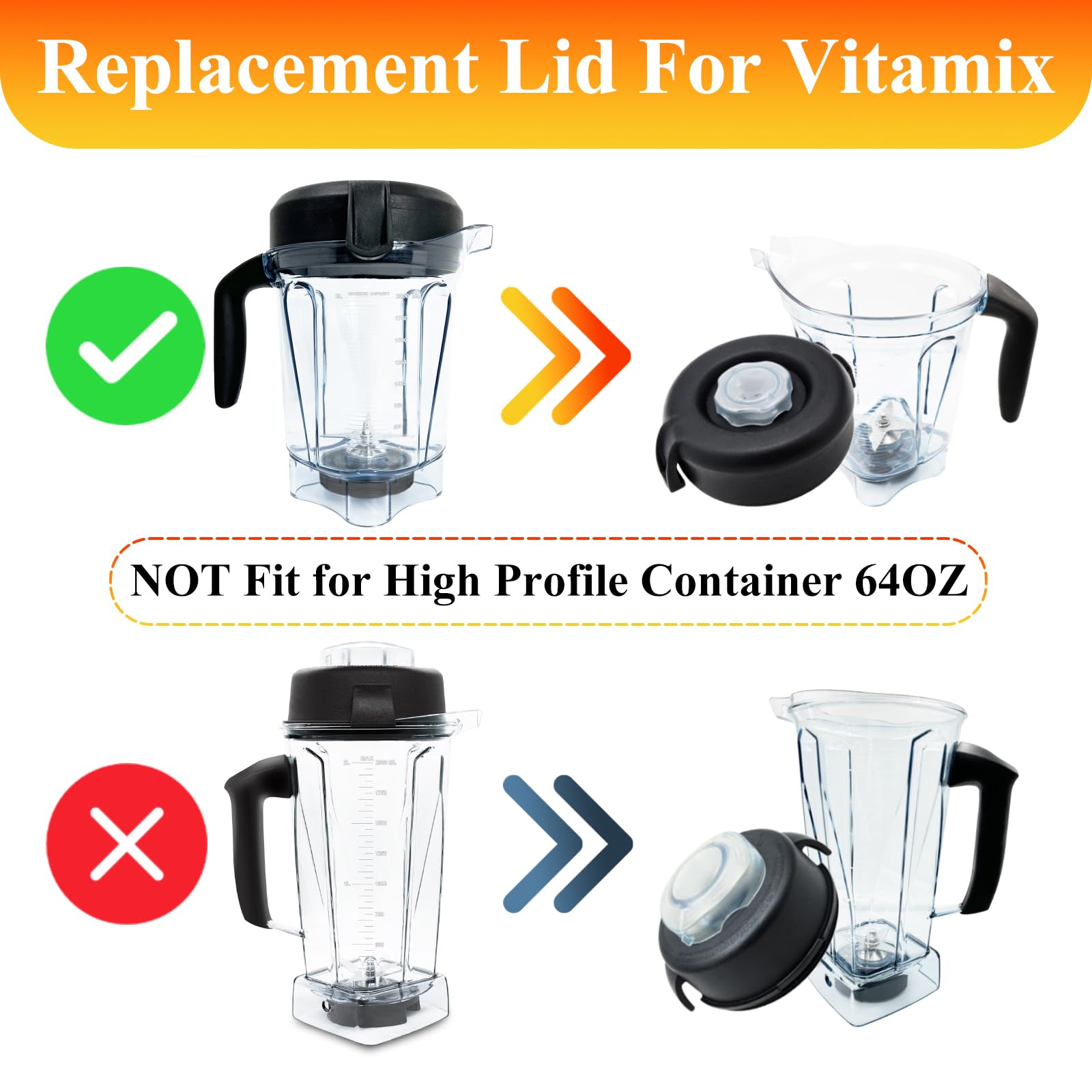 Vitamix Lid Replacement - 64oz Low Profile Container Lid Compatible with Vitamix Pro 750, 5200, 5300, 6500, 7500, VM0103, VM0197, E310, E320 - Perfect for Classic, Explorian, Propel & Commercial Series - Ideal for Smoothies, Soups & Food Processing