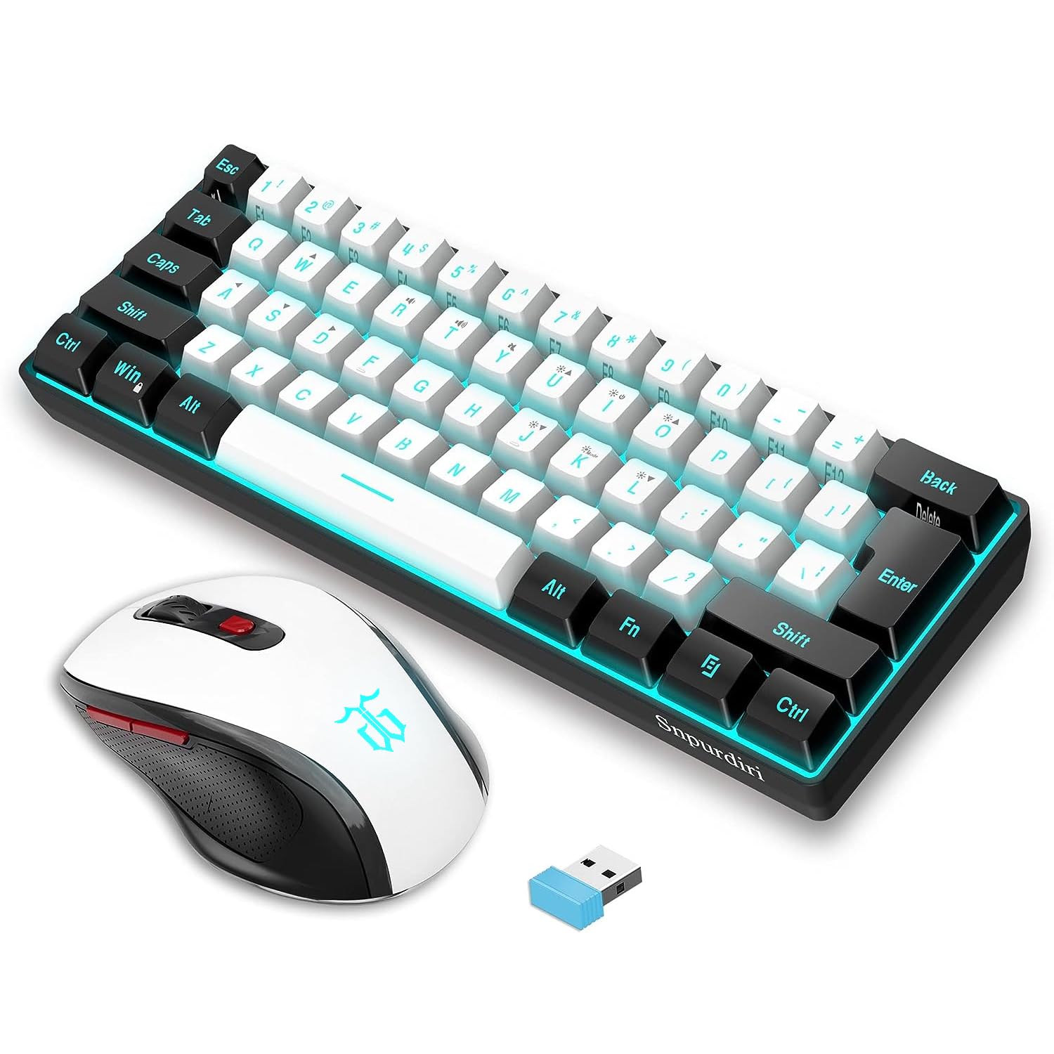 SNPURDIRI 2.4G Wireless Gaming Keyboard and Mouse Combo - 60% Compact Mechanical Feel RGB Backlit Keyboard & Ergonomic Vertical Wireless Mouse (Black/White) for PC, Mac, Laptop Gaming & Office Work