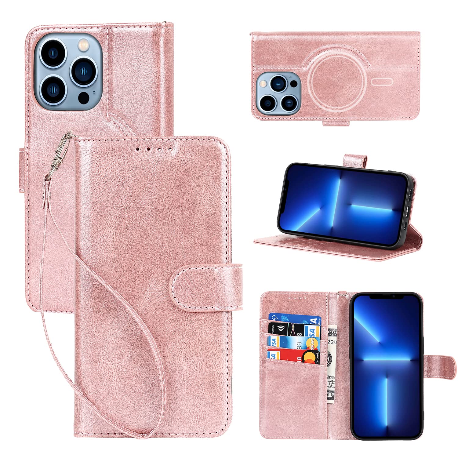 Sailor Tech Magnetic Wallet Phone Case for iPhone 13 Pro Max - Leather Flip Folio Cover with RFID Blocking & 4 Card Holder | Compatible with MagSafe Wireless Charger | Wristband Included (Pink) - Perfect for Travel, Shopping & Everyday Use