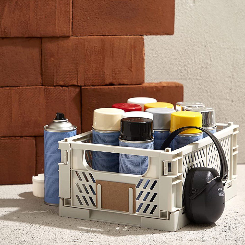 DESIGNSTUFF Collapsible Storage Crate Large 50x33cm - Foldable Slanted Organizer Bin for Home, Office & Laundry - Durable Taupe Plastic Basket for Toys, Books & Clothes