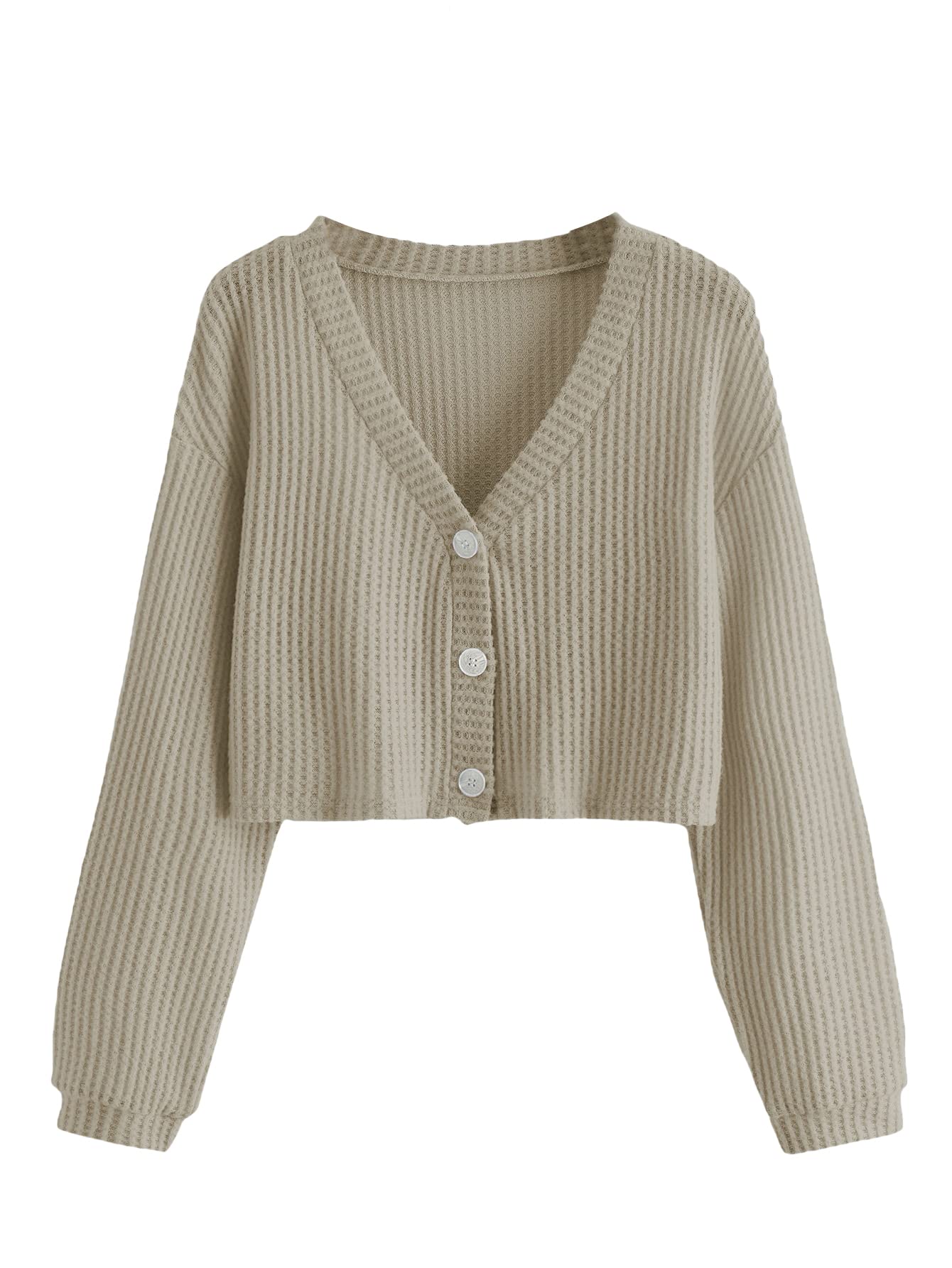 Romwe Women's Plus Size Waffle Knit Long Sleeve Button Down V-Neck Crop Top T-Shirt | Casual Fall Outfit, Layering Essential, Streetwear Fashion