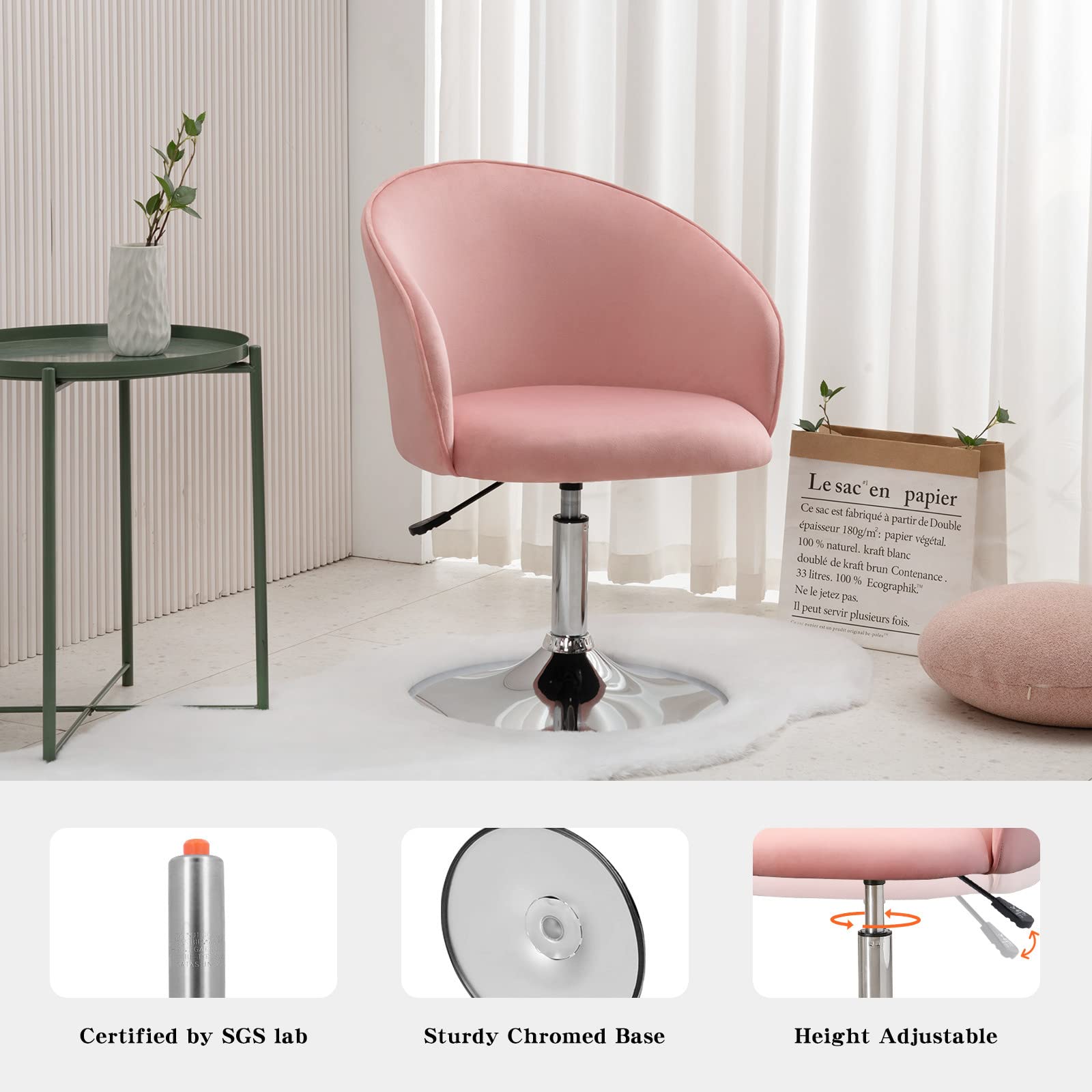 Furnimart Velvet Vanity Chair - Adjustable Height Makeup Stool with Chrome Frame, Round Swivel Accent Chair for Bedroom, Living Room & Office (Pink) - Perfect for Dressing Tables, Beauty Salons and Home Decor