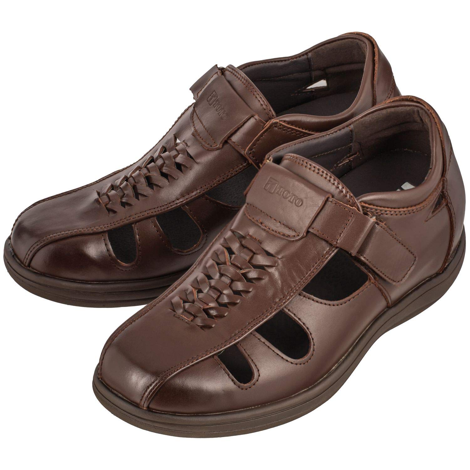TOTO Men's Invisible Height Increasing Elevator Shoes - Dark Brown Leather Slip-on Super Lightweight Open-toe Sandals - 3 Inches Taller - Size 10 D(M) US - Perfect for Work, Dating & Special Occasions