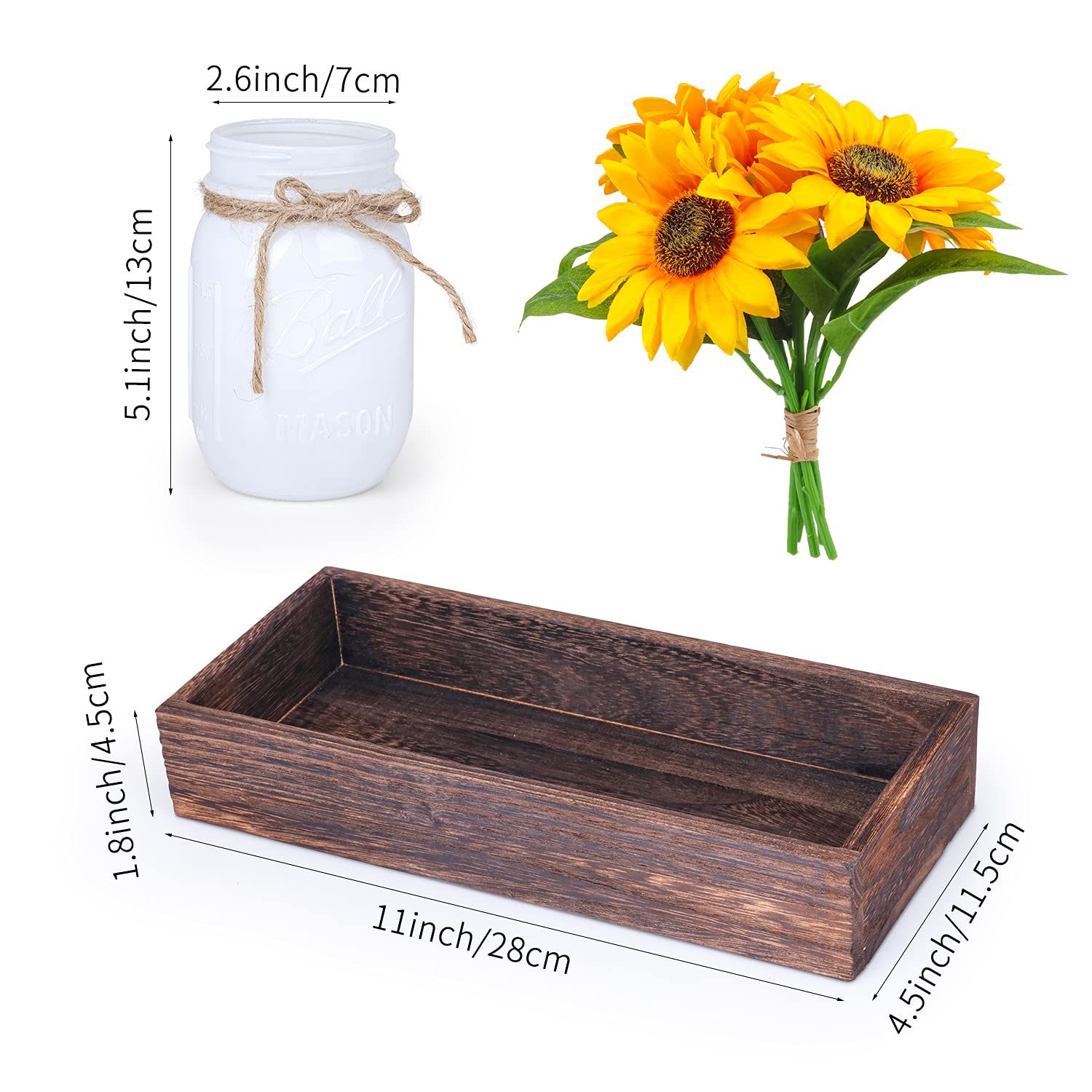 Fowecelt Mason Jar Lights with Wood Tray - 3 Jars Sunflower Farmhouse Table Centerpiece for Dining Room, Living Room, Kitchen Decor | Perfect for Wedding, Party, Coffee Shop & Home Decoration