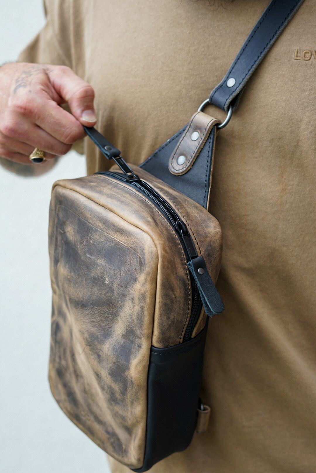 Two Tone Sling Bag - Hillbilly Sepia & Flat Black Crossbody Bag for Men & Women | Perfect for Travel, Hiking, and Everyday Use