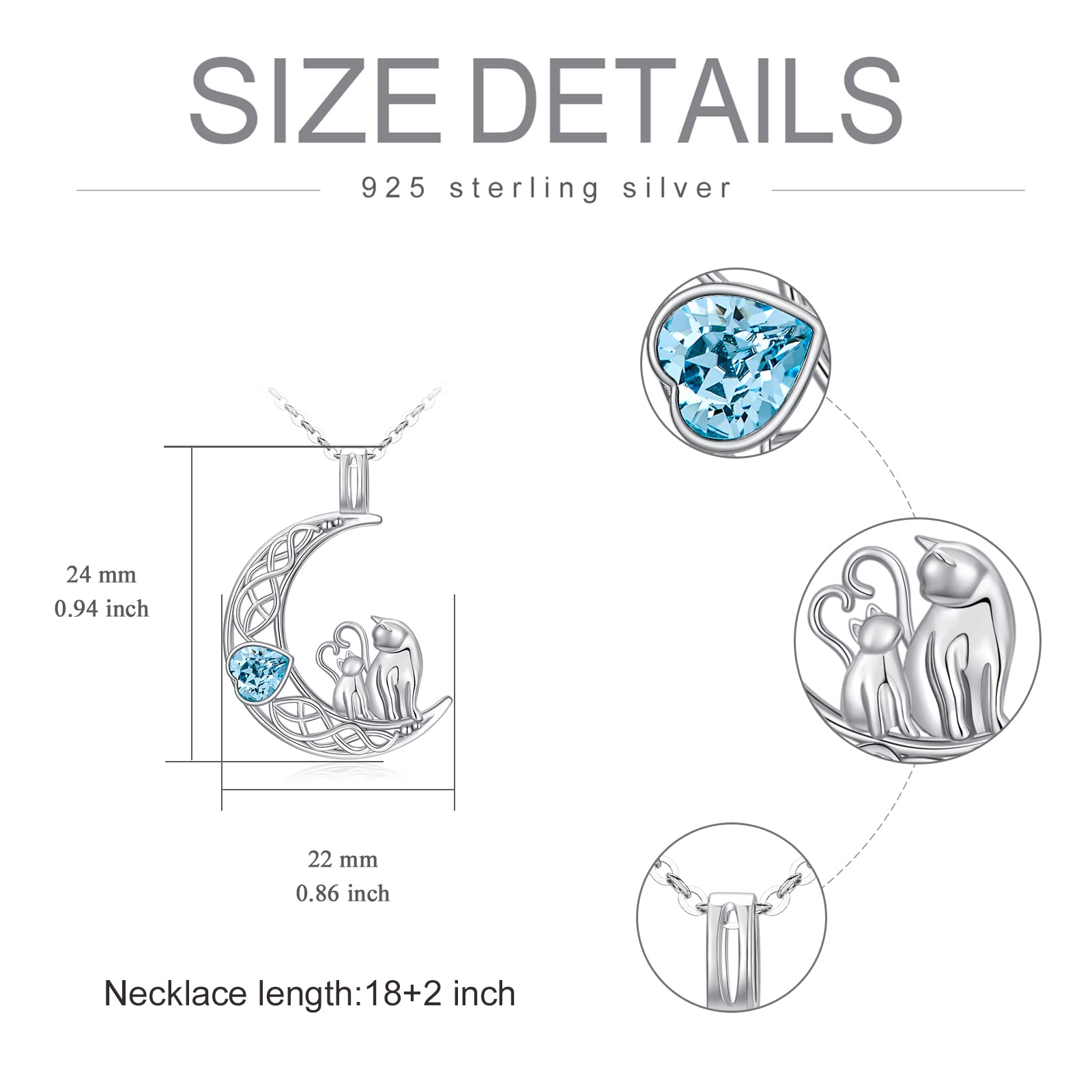 925 Sterling Silver Cat Necklace with Blue Crystal - Moon Cat Pendant Jewelry for Women, Perfect Gift for Cat Lovers, Mothers & Daughters | Elegant Everyday Wear, Birthday Present & Special Occasion Gift