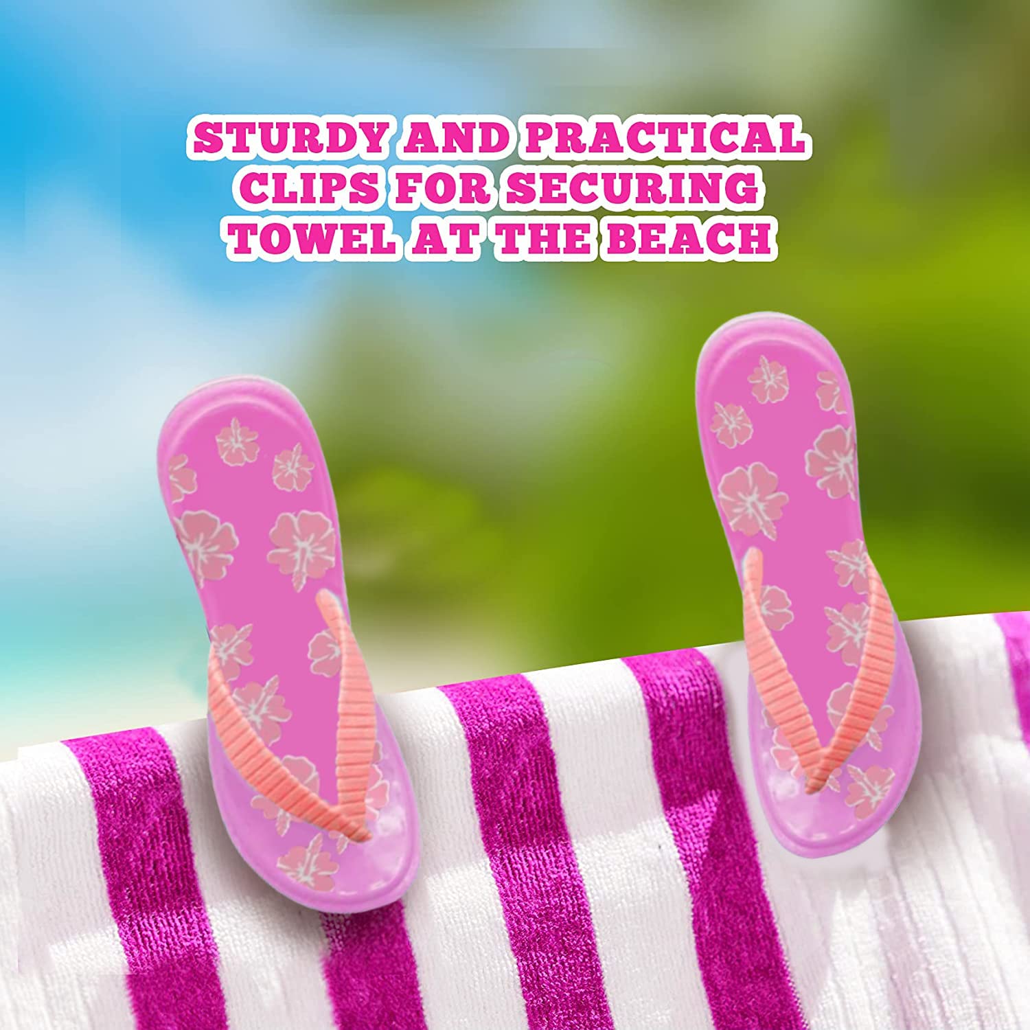 PERFORMORE 2-Pack Flip Flop Beach Towel Clips - Secure Portable Towel Holder for Beach, Pool, Boat & Lounge Chairs - Waterproof Patio Deck Accessories (Pink) | Perfect for Vacation, Cruise & Outdoor Relaxation
