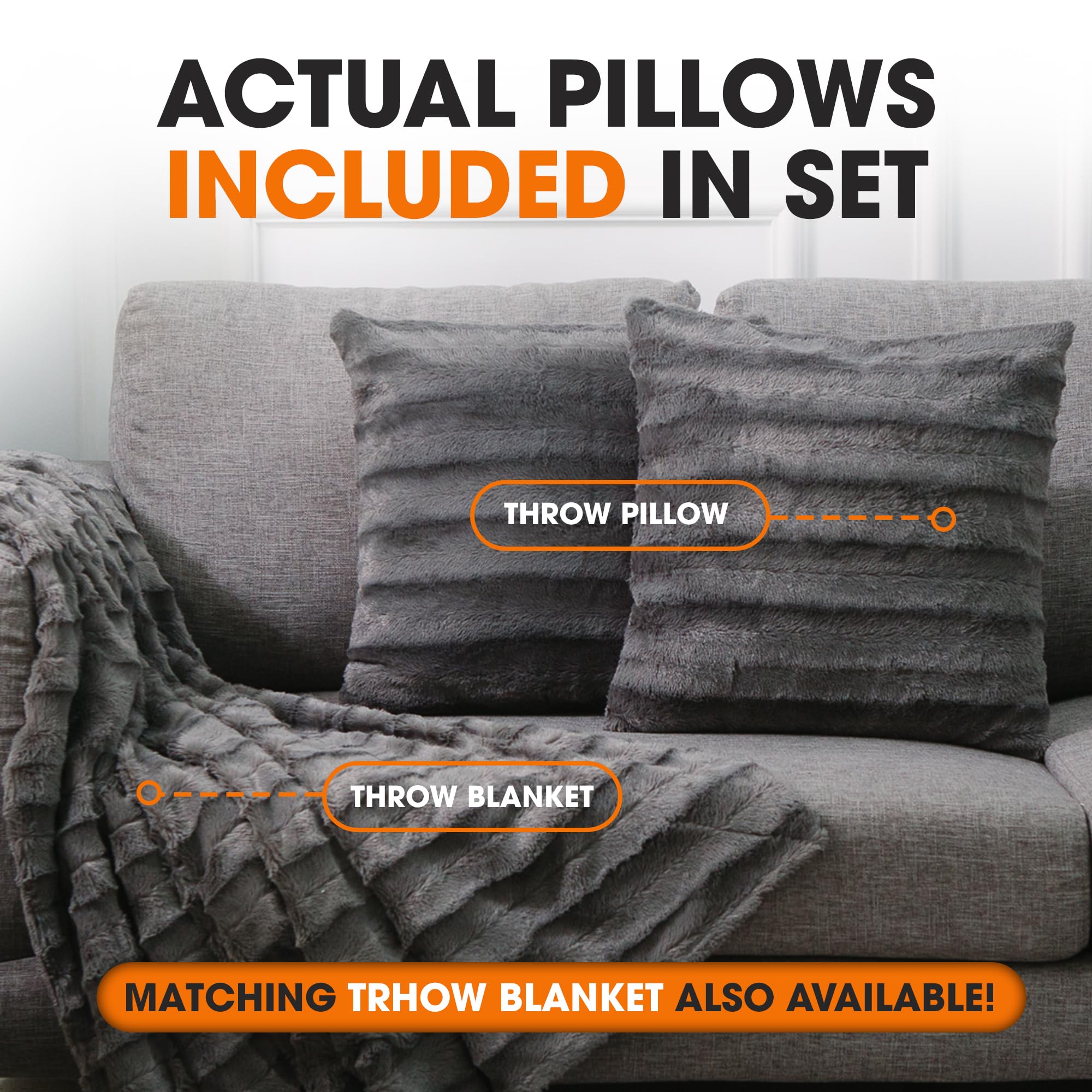 Cheer Collection Faux Fur Throw Pillows Set of 2 - 22x22 Inch Soft Grey Decorative Couch & Bed Pillows for Living Room & Bedroom Aesthetic - Cozy Home Decor for Sofa, Sectional & Dorm Room