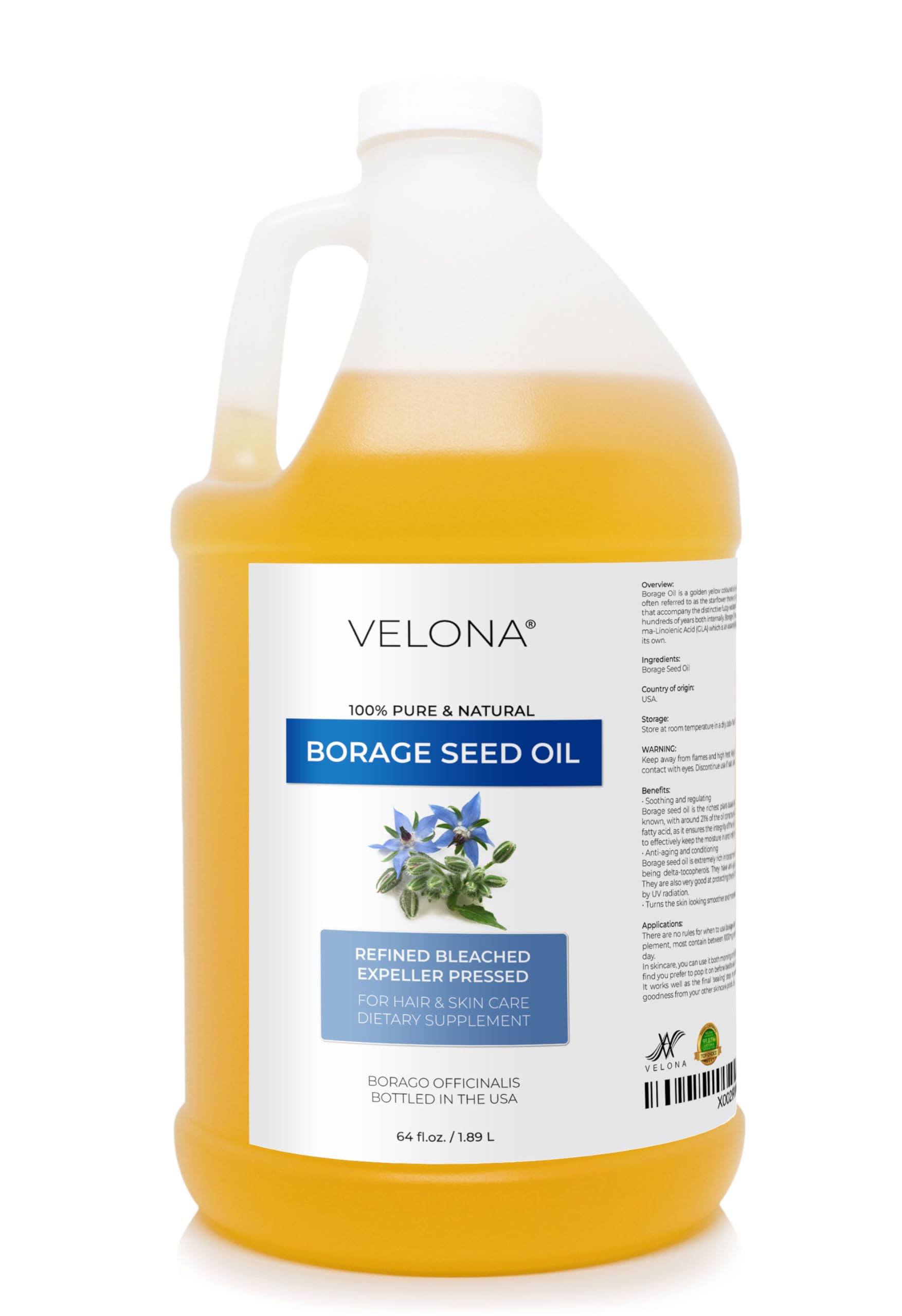 Velona Borage Seed Oil 64 Fl Oz - 100% Pure Natural Cold Pressed Carrier Oil for Skin, Face, Body & Hair Care | Refined & Unrefined Options | Perfect for Massage, Aromatherapy & DIY Beauty Recipes