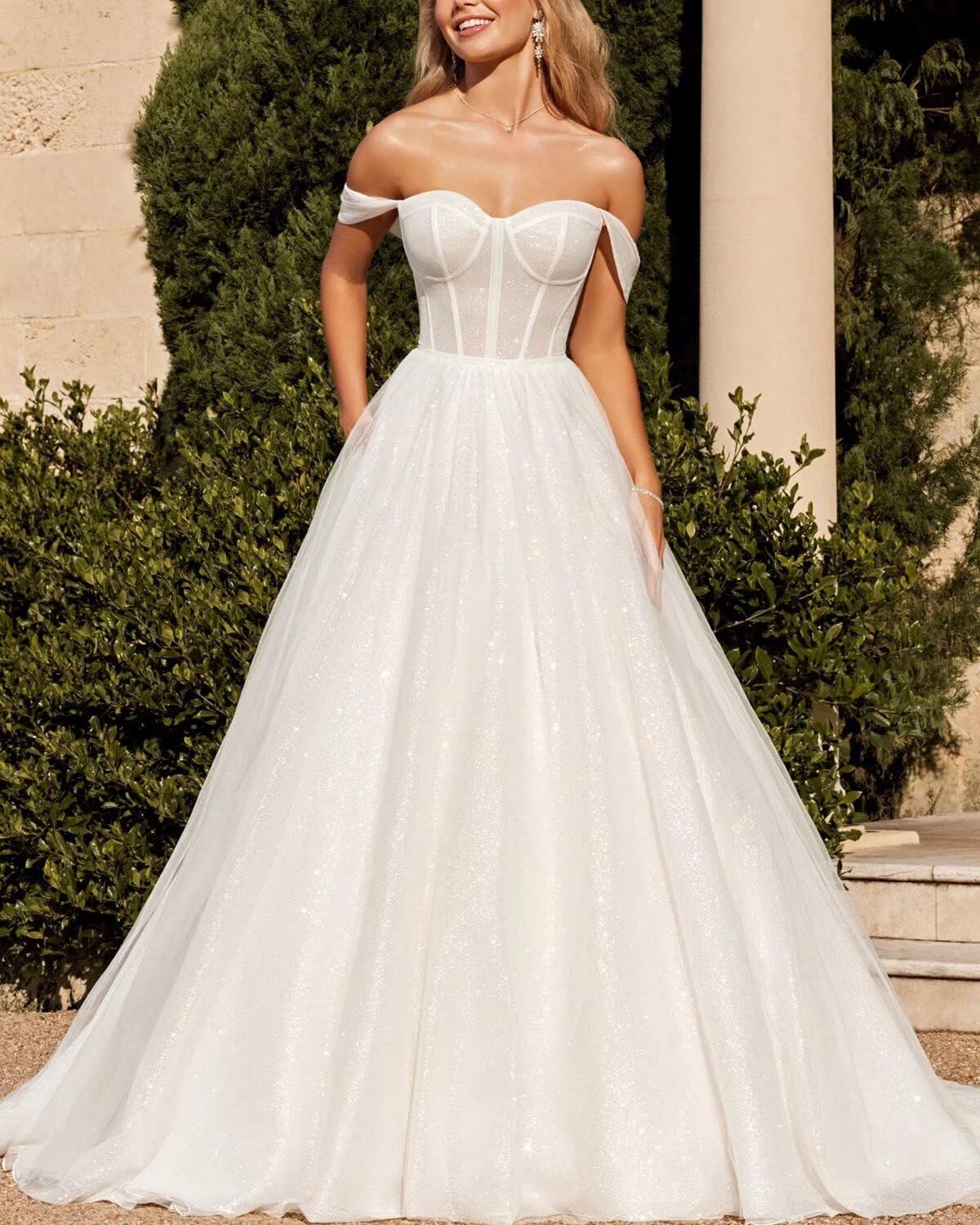 Off The Shoulder Tulle Wedding Dress for Bride - Sweetheart Neckline A-Line Corset Back Long Bridal Gown | Perfect for Beach Weddings, Church Ceremonies & Romantic Photoshoots
