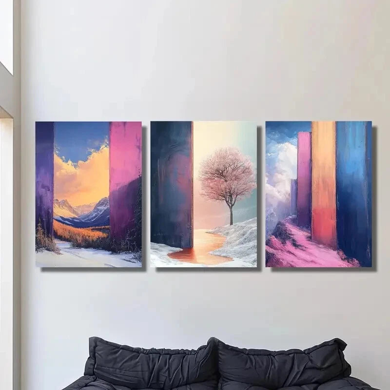 3-Piece Cherry Blossom & Color Block Graffiti Metal Wall Art - Ready to Hang Canvas Prints for Living Room, Bedroom & Office Decor