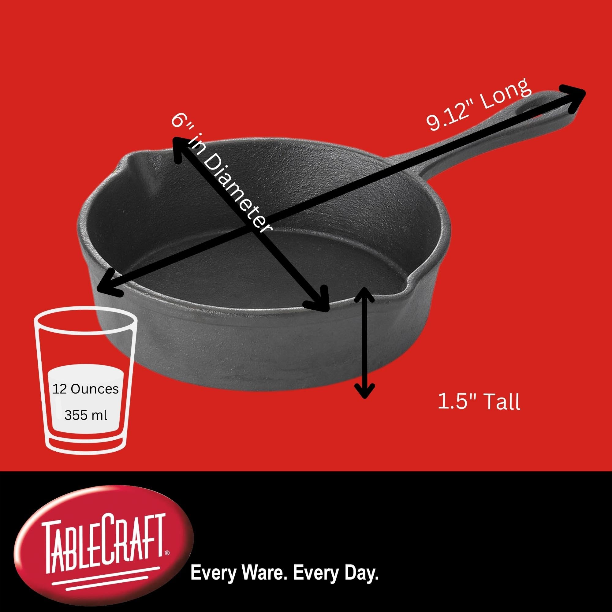 TableCraft 11 oz Cast Iron Mini Skillet - Black - Perfect for Individual Desserts, Eggs & Appetizers | Durable Non-Stick Cooking Pan for Kitchen, Camping & Outdoor Use