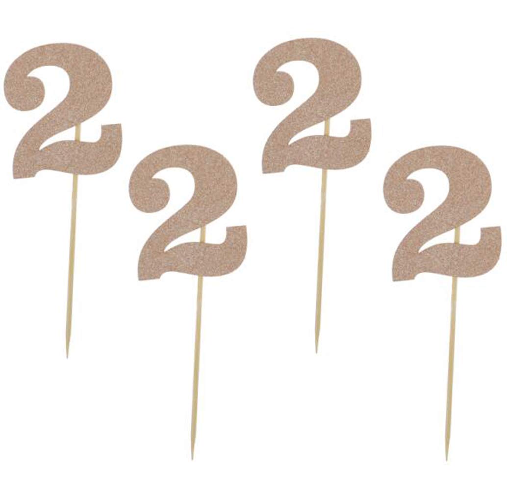Glitter Rose Gold Number 2 Cupcake Toppers - 24 Pack for 2nd Birthday Party Decorations | Perfect for Baby Shower, Girl's Birthday, and Celebration Cakes