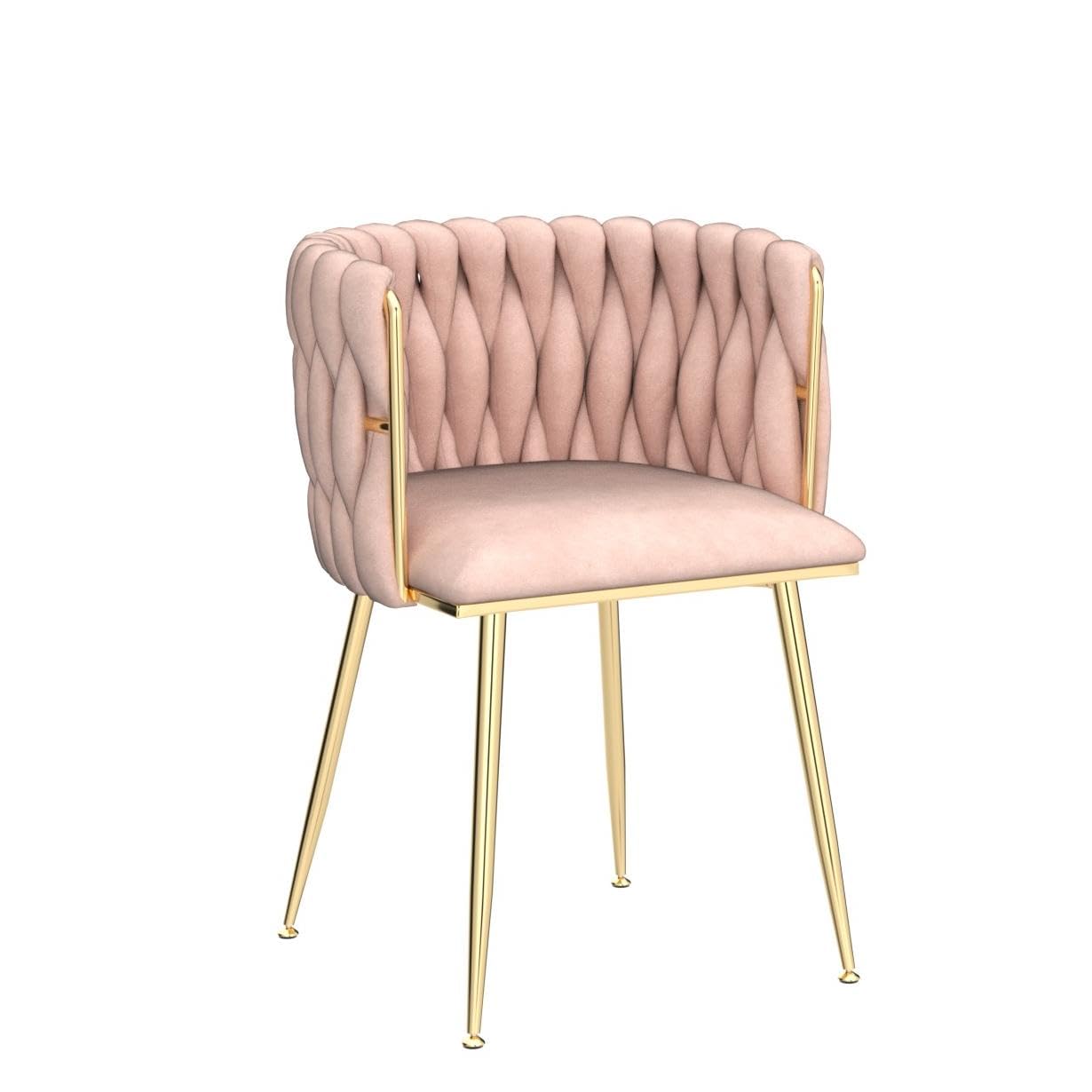 NIOIIKIT Modern Velvet Dining Chairs Set of 2 - Handwoven Upholstered Accent Chairs with Golden Metal Legs for Living Room, Dining Room, Kitchen & Vanity (Pink) - Perfect for Home Decor, Entertaining & Small Space Seating