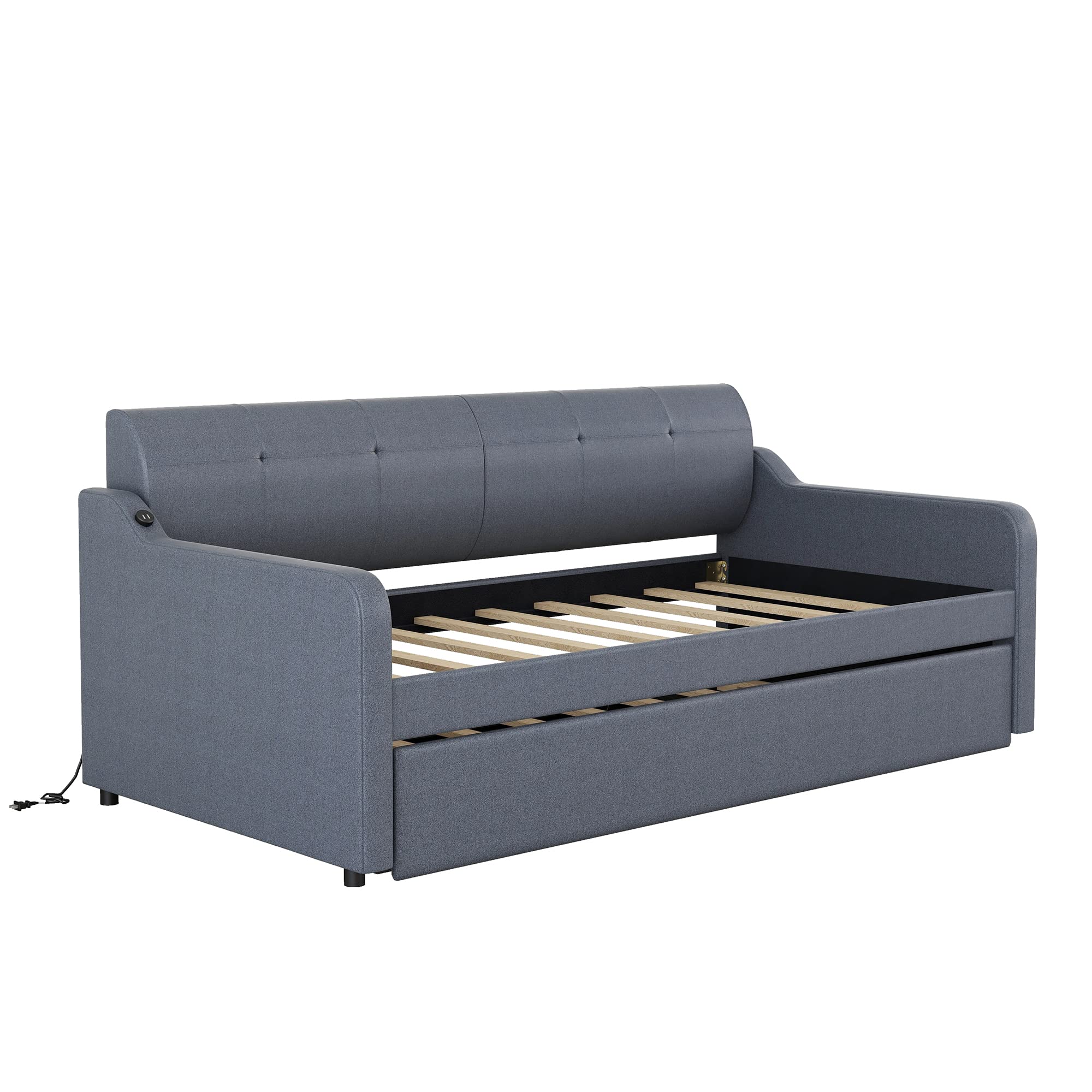 Merax Twin Size Upholstered Daybed with Trundle & USB Charging - Convertible Sofa Bed with Adjustable Backrest (Flat or Elevated) - Perfect for Guest Rooms, Small Apartments & Home Offices