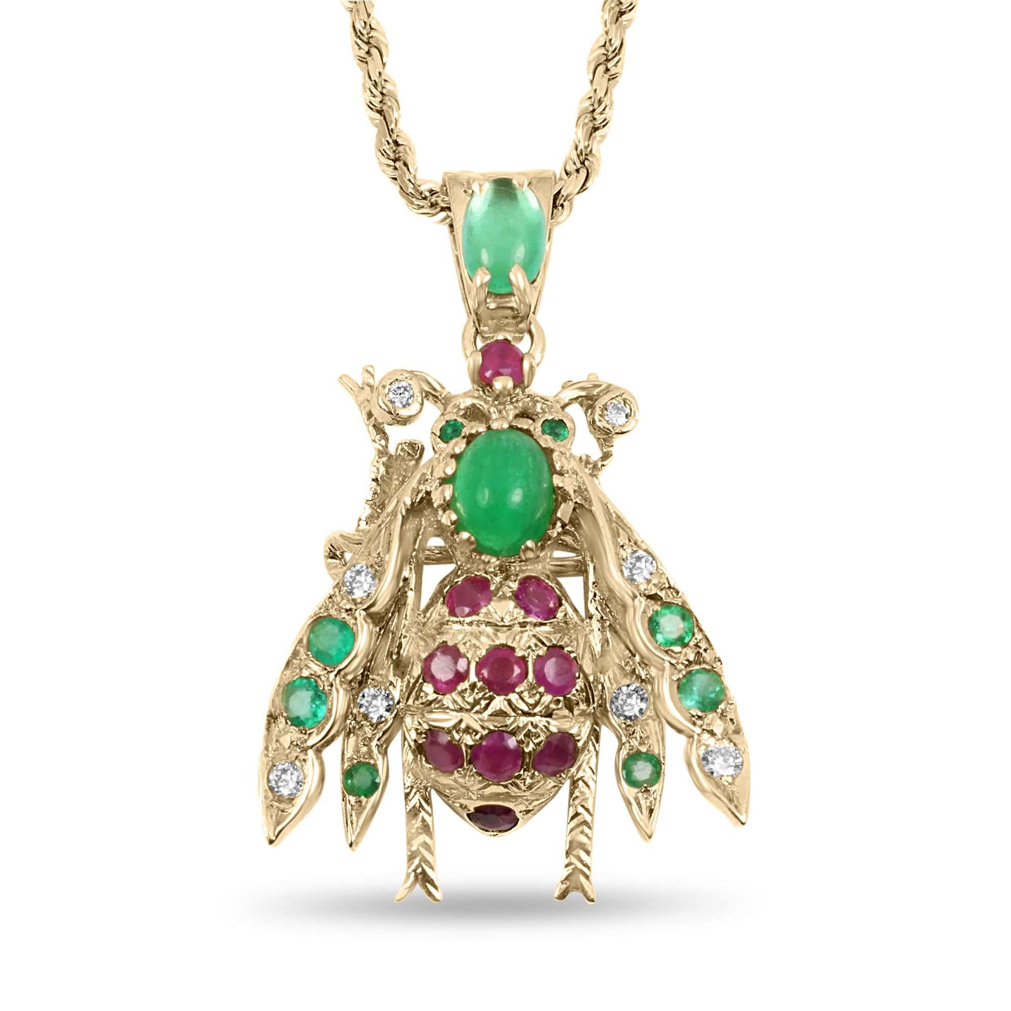 4.14tcw Genuine Emerald Ruby Diamond Bug Bee Insect Pendant in 14K Gold - Elegant Jewelry for Women, Perfect Gift for Birthdays & Anniversaries