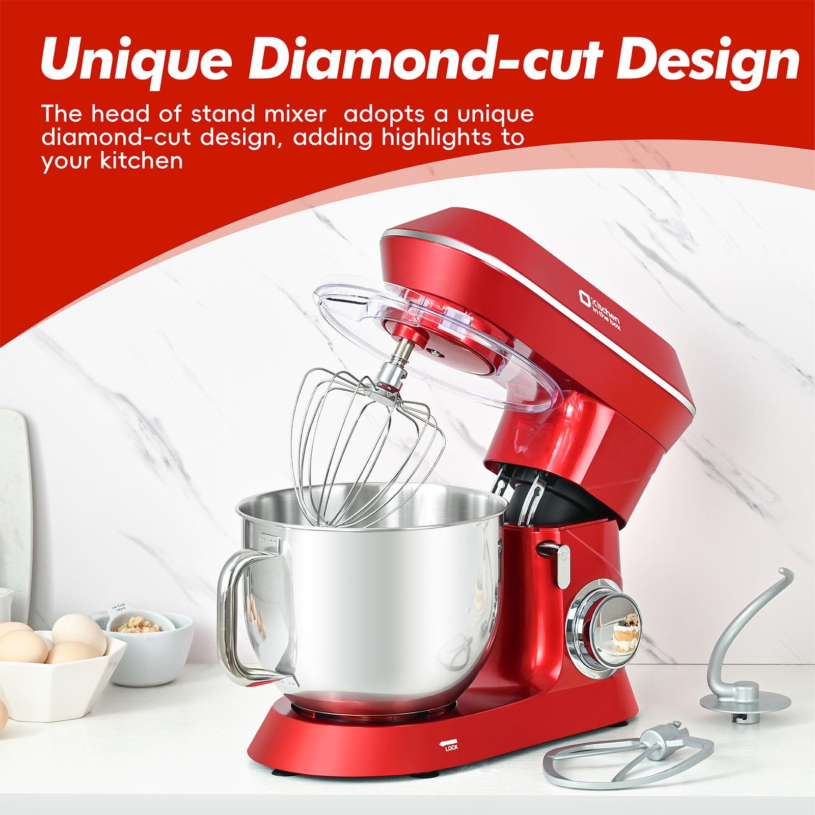 900W 7.5QT Stand Mixer - 6-Speed Tilt-Head Electric Mixer with Dough Hook for Baking (Red) - Perfect for Home Kitchens & Bakeries