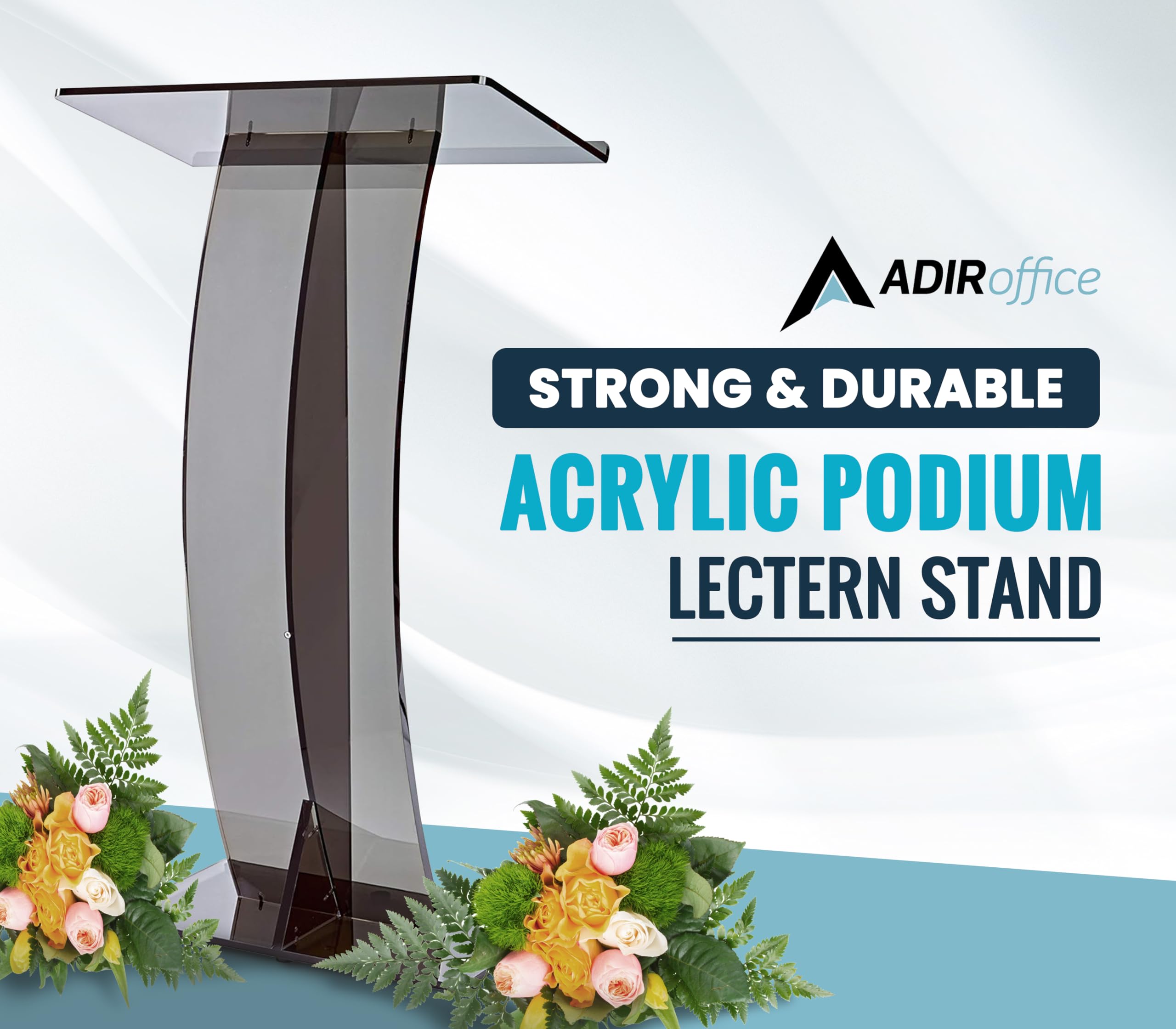 AdirOffice Black Acrylic Podium Stand - Premium Church Pulpit, Wedding Lectern & Presentation Podium for Events, Speeches & Ceremonies